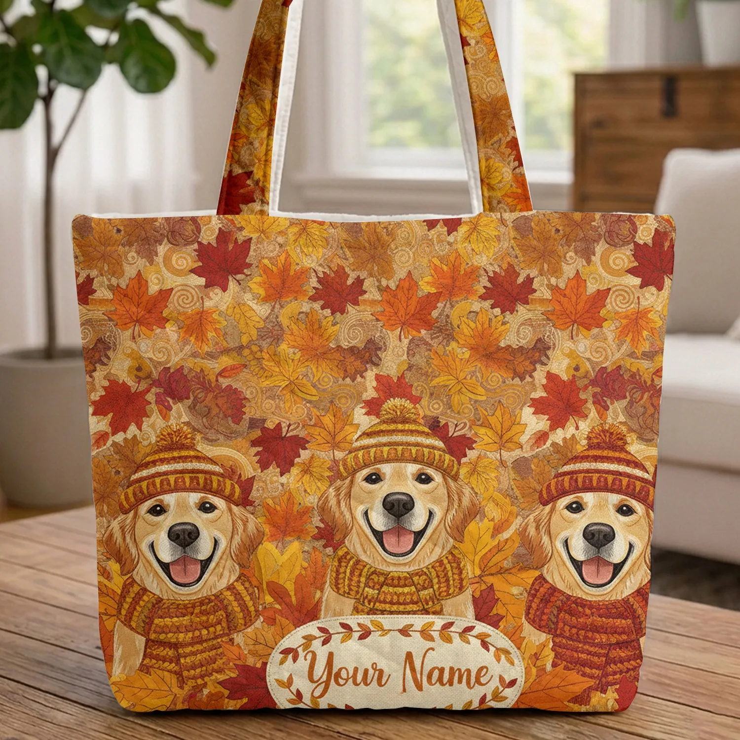 Golden Retriever Dogs Fall Leaves Your Name - Autumn Everyday Carry Gift Quilted Tote Bag - 1