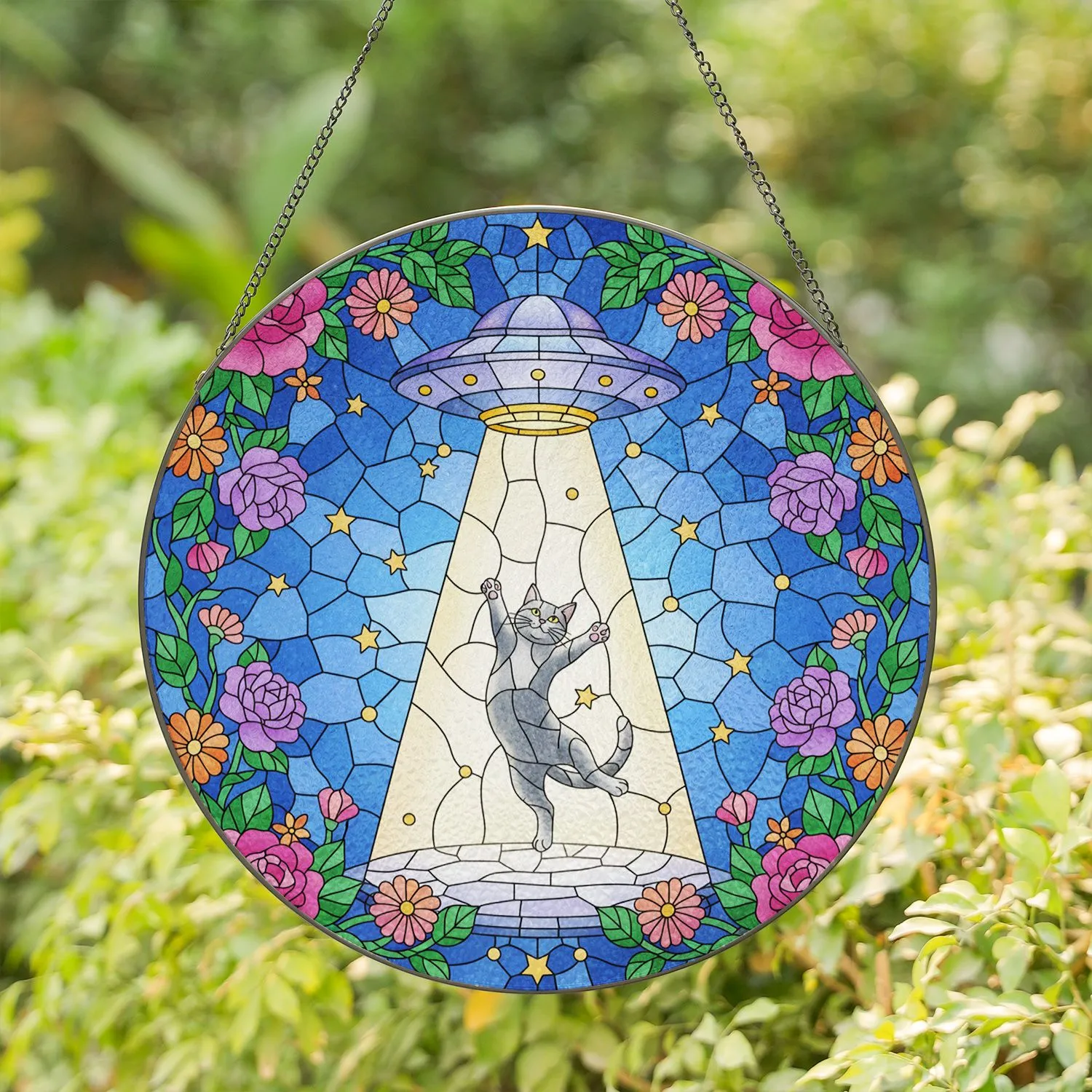 Levitating Grey Cat UFO Tractor Beam Floating Stars Roses - Home Decor Gift for Cat Lover Stained Glass Suncatcher - 1