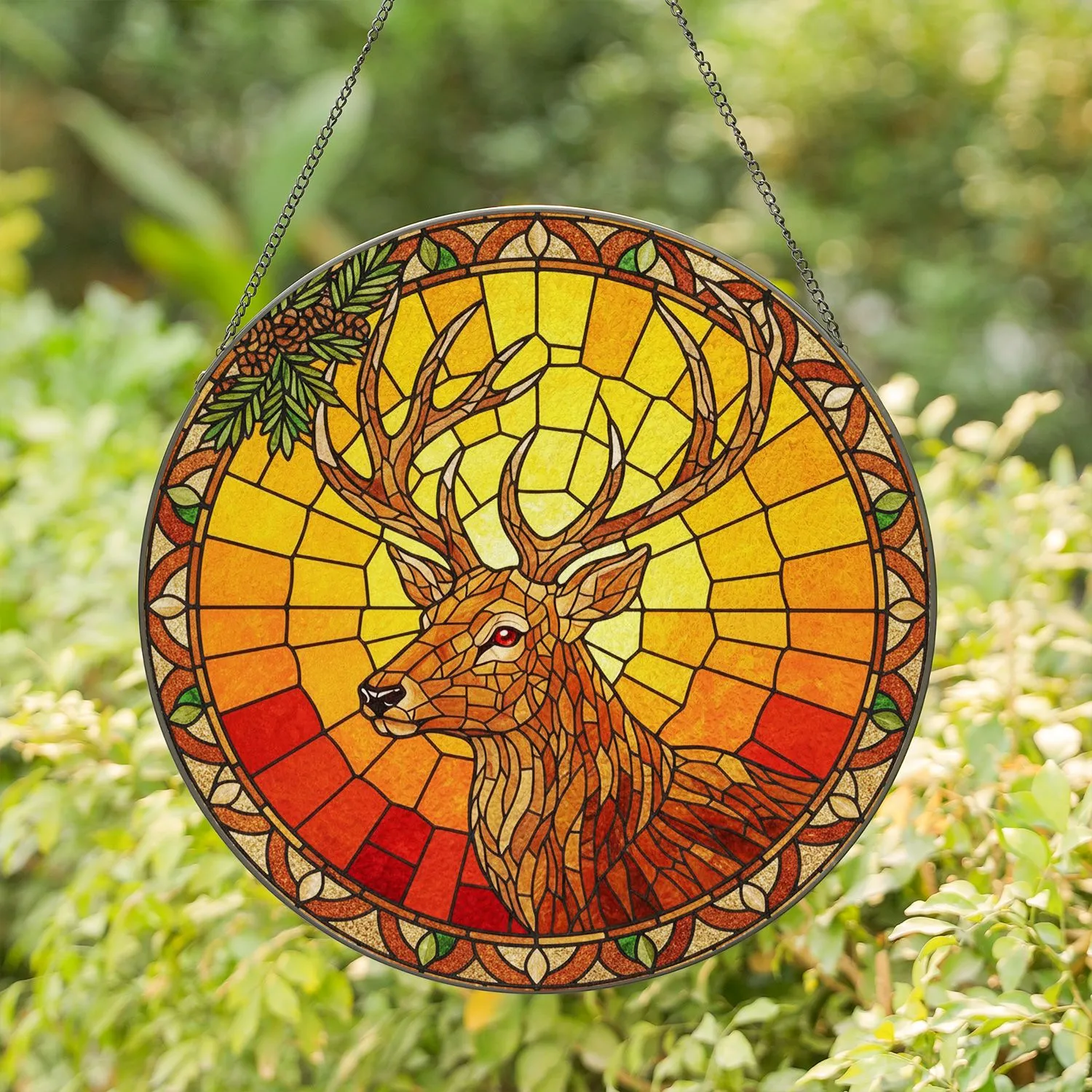 Stag Head Antlers Pine Needles Stained Glass Sunset - Wildlife Lover Home Decor Gift Stained Glass Suncatcher - 1