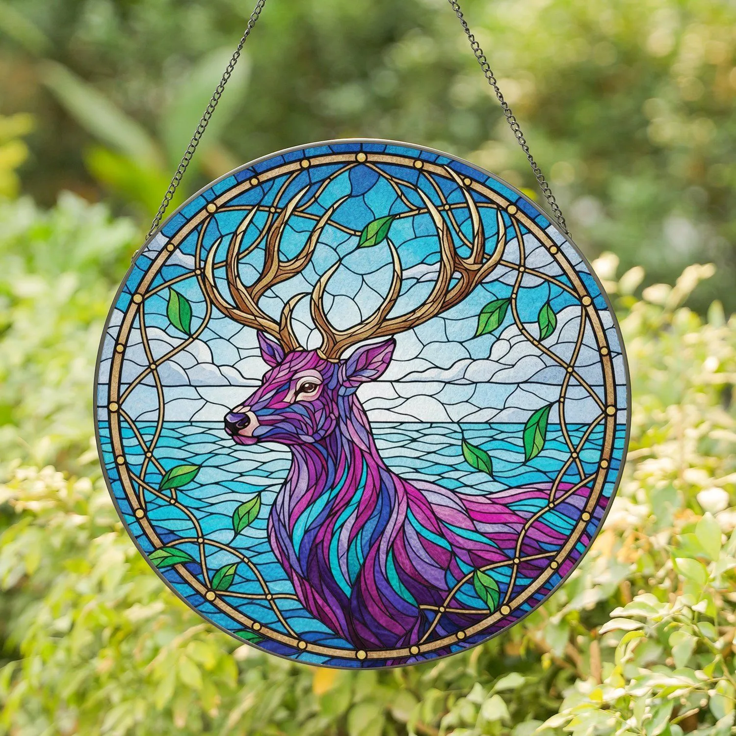 Stag Golden Antlers Dreamcatcher Ocean - Home Decor Gift Wildlife Lover Stained Glass Suncatcher - 1