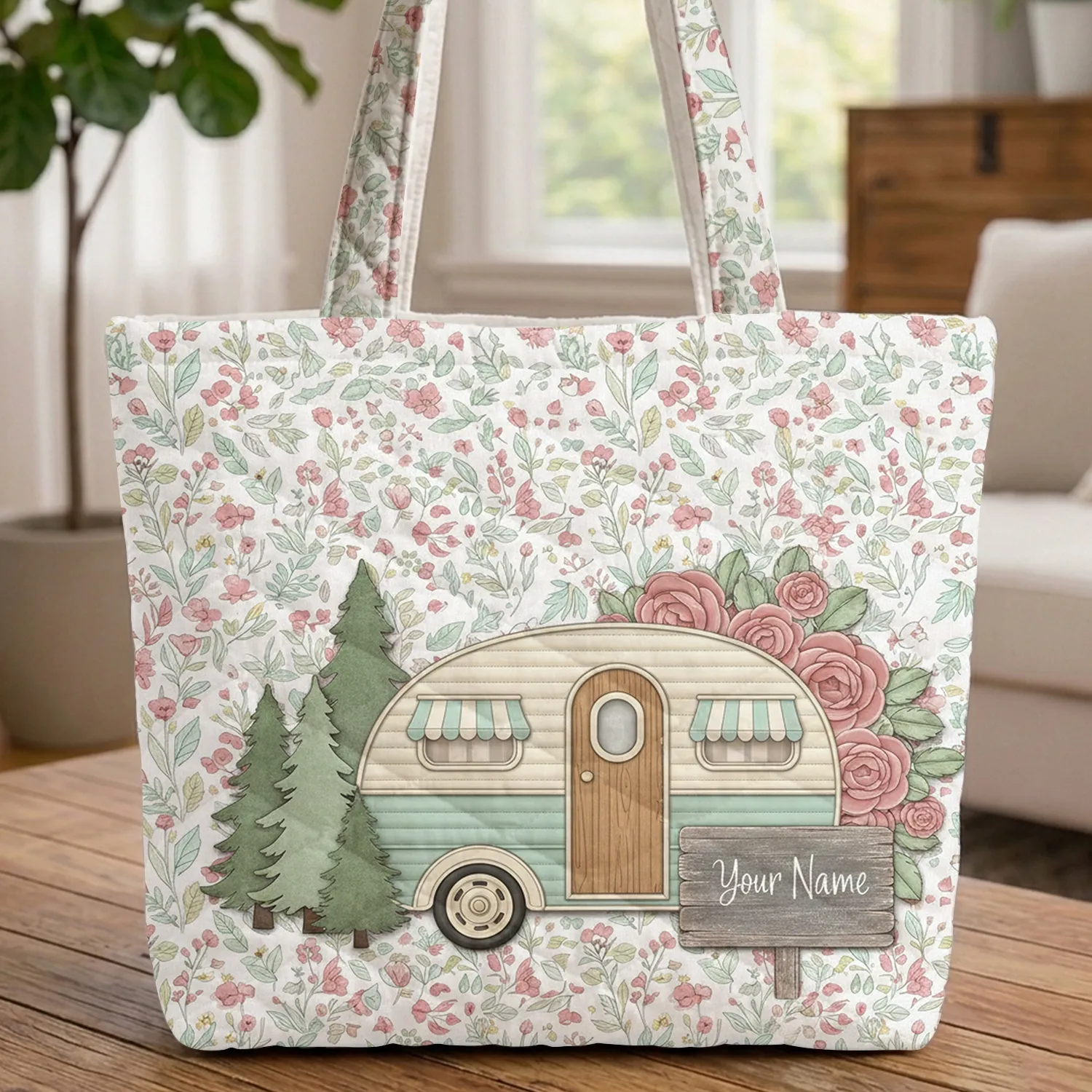 Classic Camper Pine Trees Wildflower Roses Leaves Wooden Sign Travel Essentials Quilted Tote Bag - 1