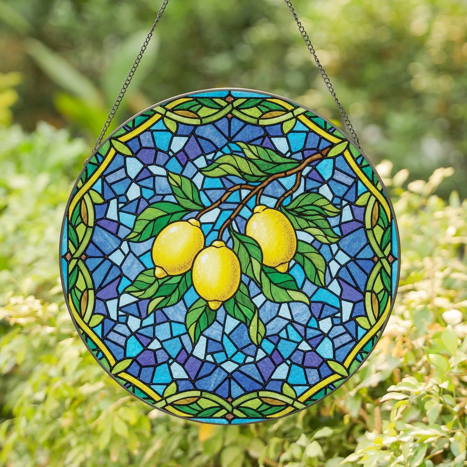 Lemon Branch Yellow Lemons Green Leaves Intertwining Stems - Home Decor Gift Stained Glass Suncatcher - 1