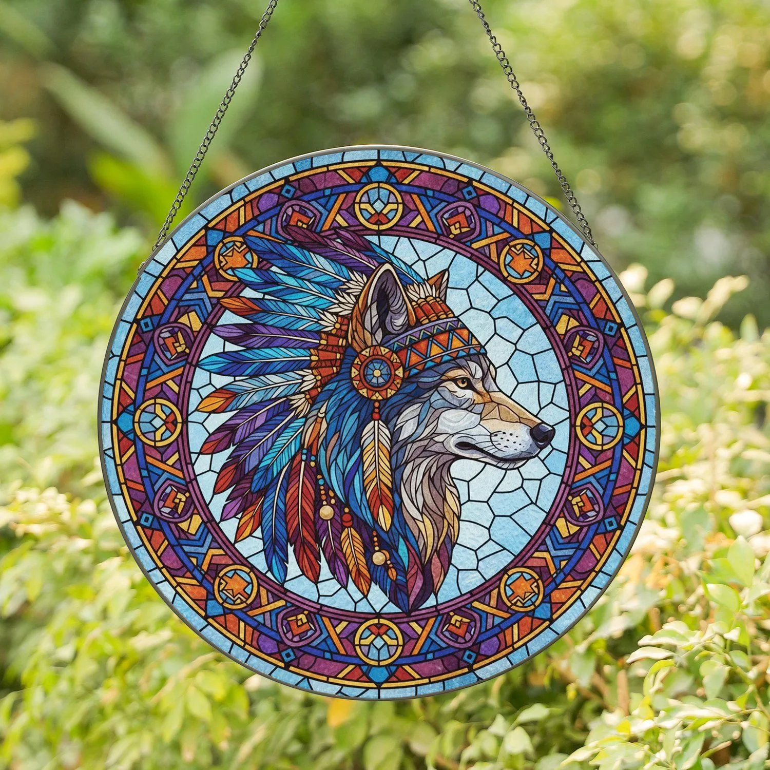Ornate Wolf Feather Headdress Southwestern Medallions - Wildlife Home Decor Gift Stained Glass Suncatcher - 1