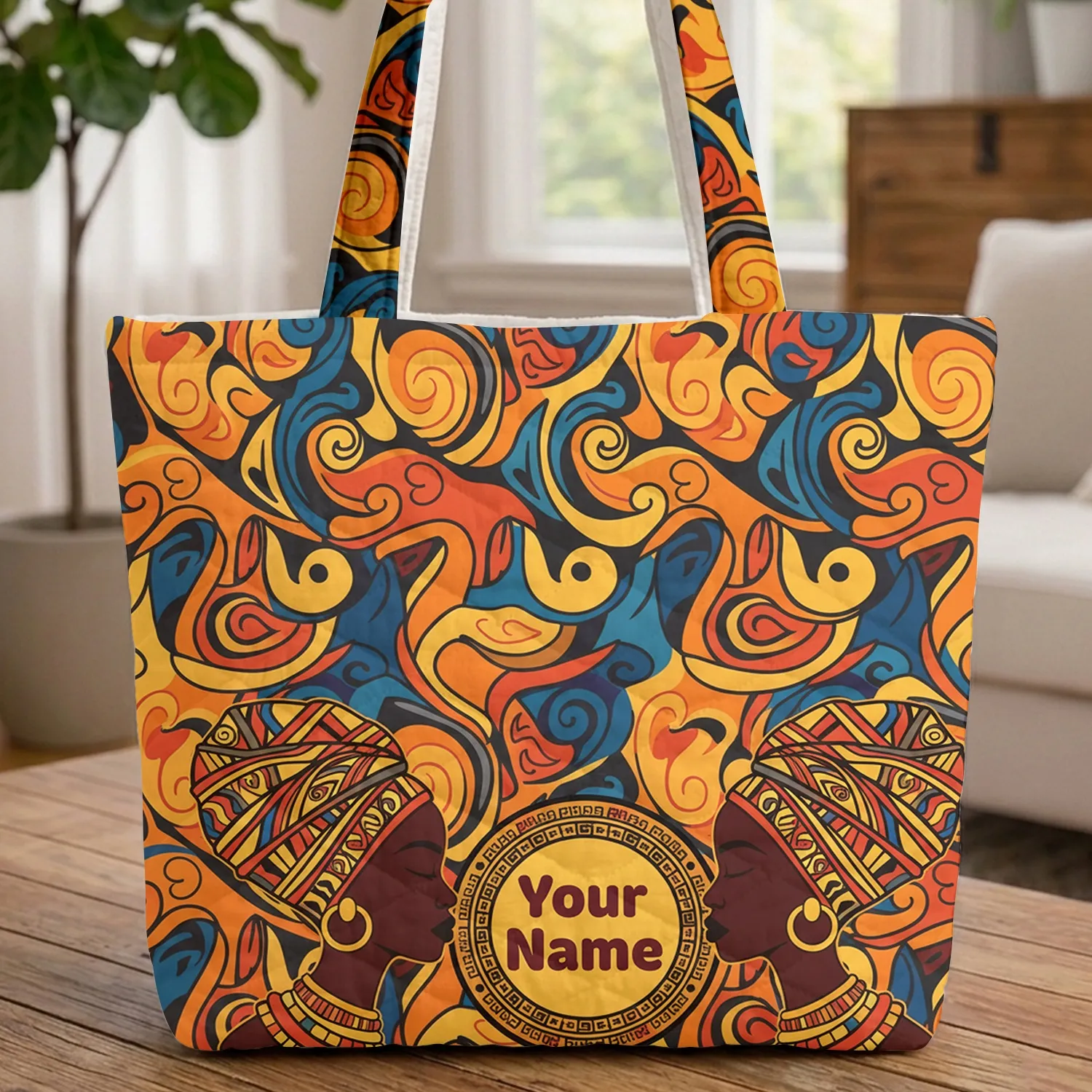 African Women Headwraps Personalized Name Medallion - Everyday Carry Gift Quilted Tote Bag - 1