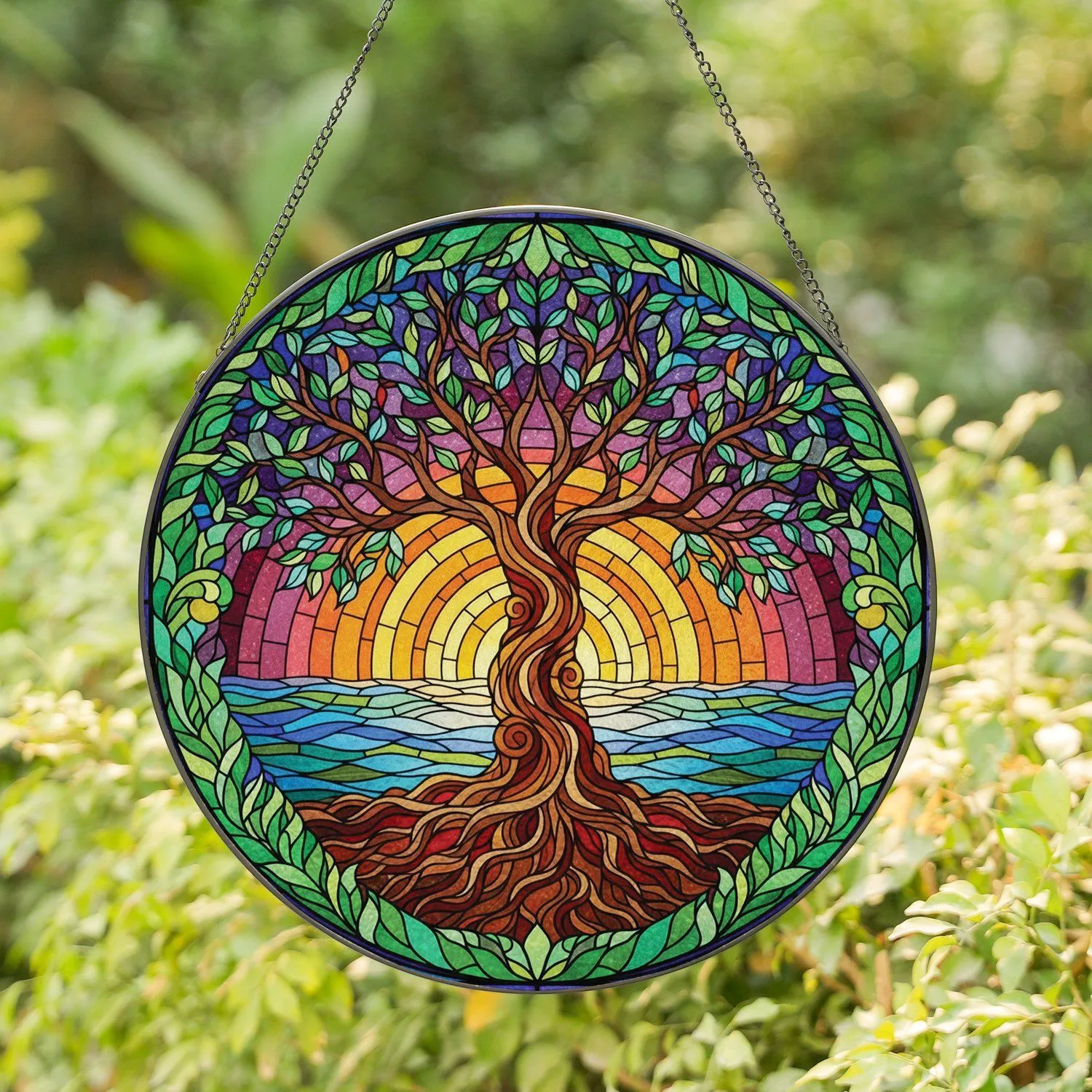 Stained Glass Ancient Tree of Life Seascape Ocean Sunset - Home Decor Gift Stained Glass Suncatcher - 1