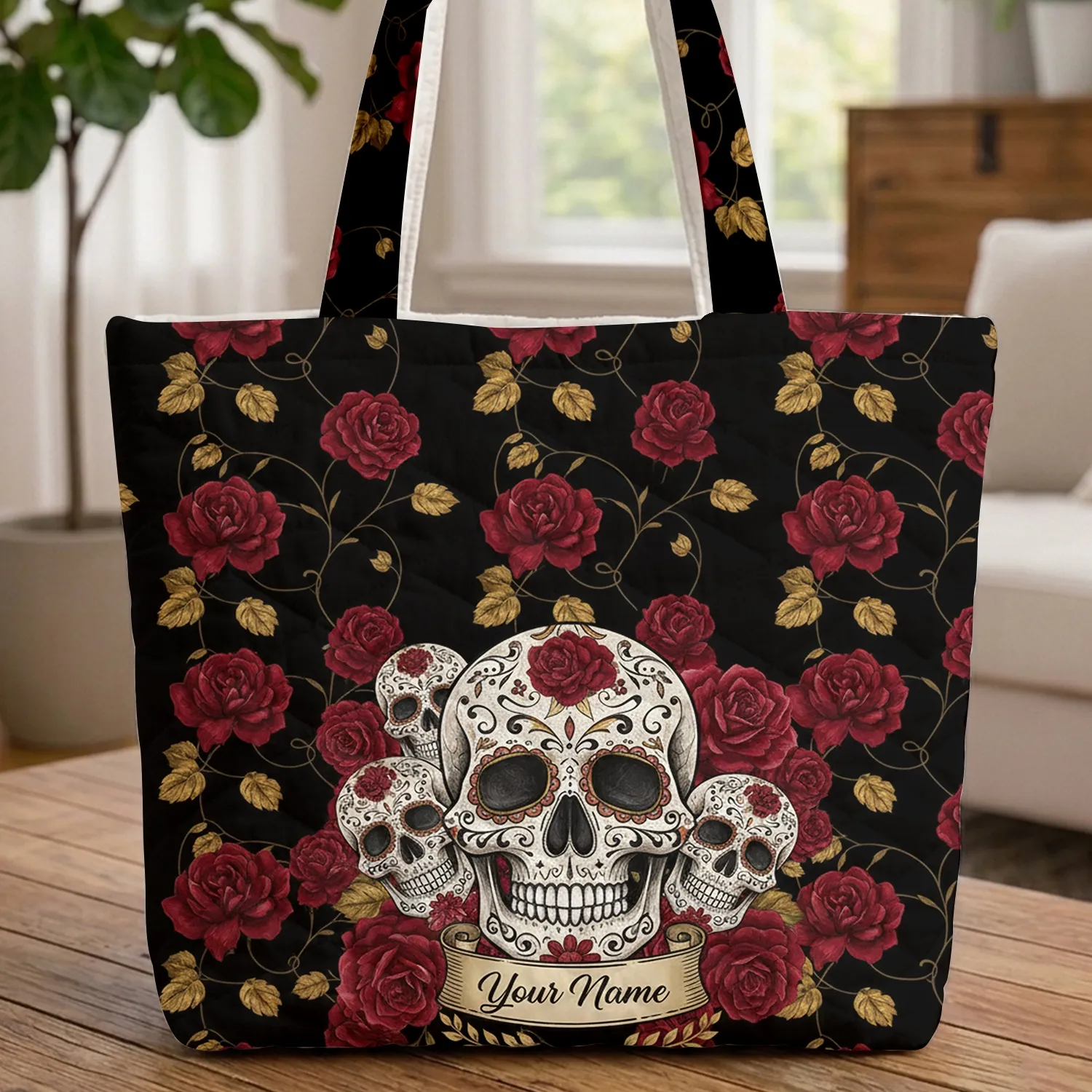 Ornate Sugar Skull Crimson Roses Gold Leaves Black Vines - Everyday Carry Gift Quilted Tote Bag - 1