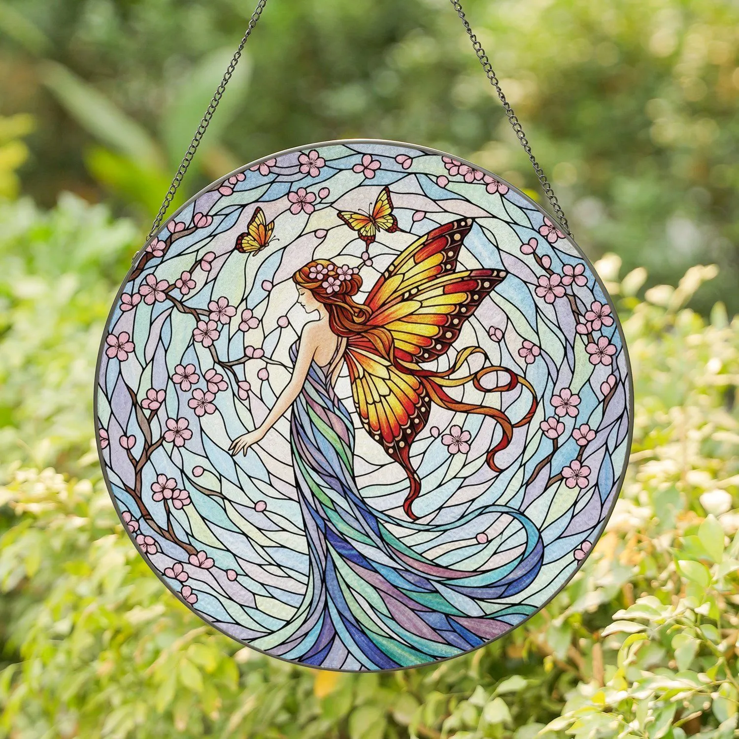 Ethereal Fairy Butterfly Wings Cherry Blossom - Home Decor Gift for Fantasy Lover Stained Glass Suncatcher - 1