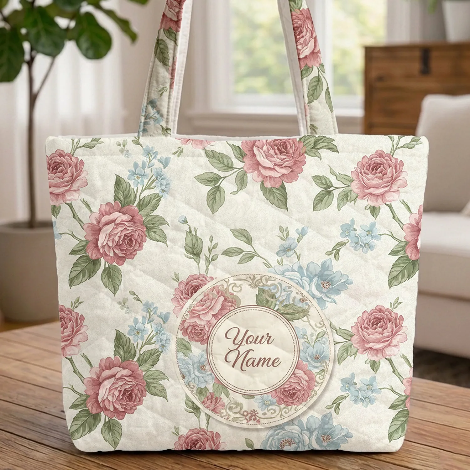 Personalized Dusty Rose Blue Floral Medallion Vintage Botanical Blooms - Everyday Carry Gift Quilted Tote Bag - 1