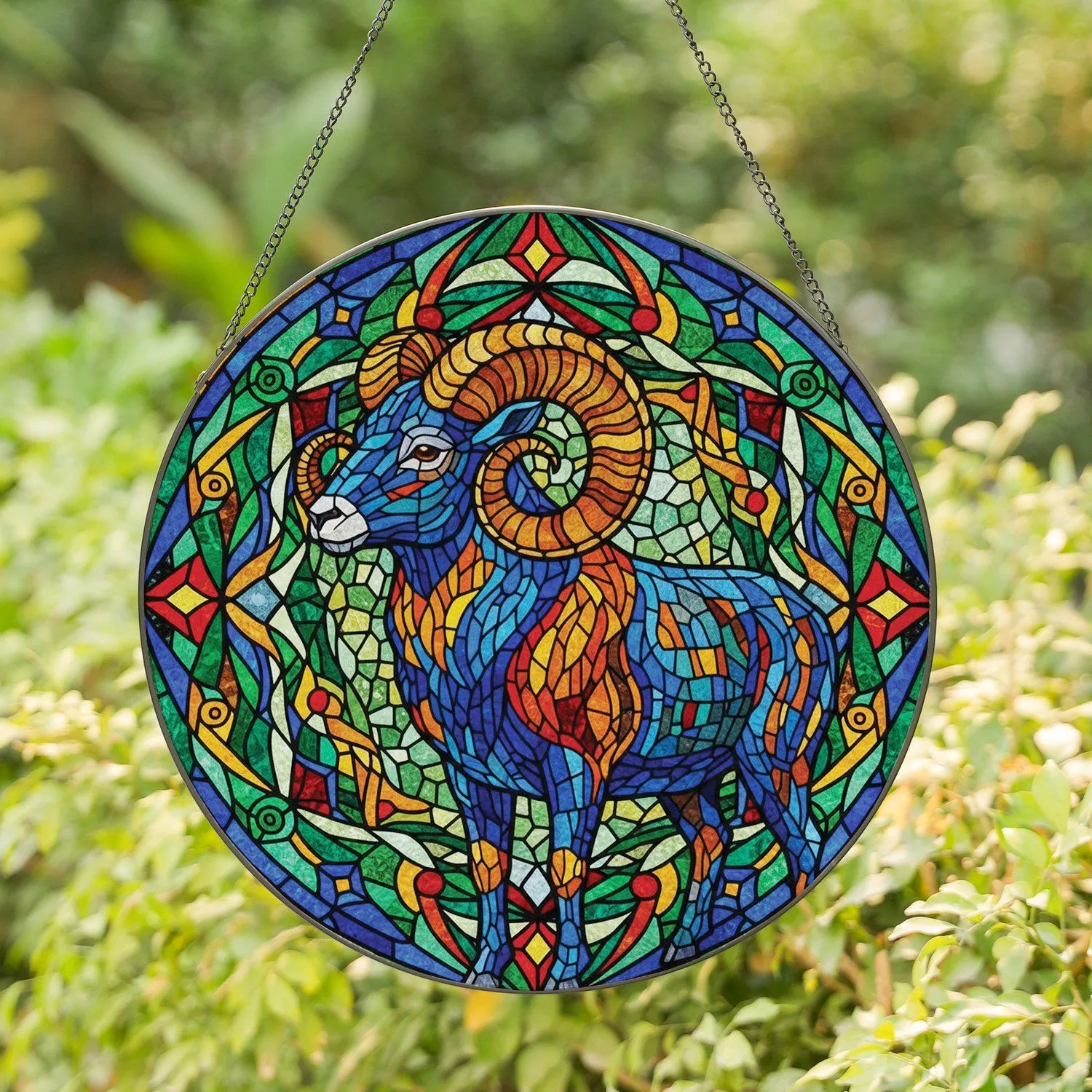 Majestic Mosaic Goat Curved Horns with Swirling Lines - Home Decor Gift for Wildlife Lover Stained Glass Suncatcher - 1