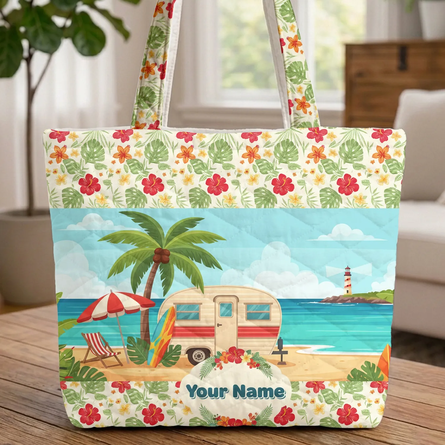 Personalized Vintage Travel Trailer Beach Scene - Travel Essentials Gift for Travelers Quilted Tote Bag - 1