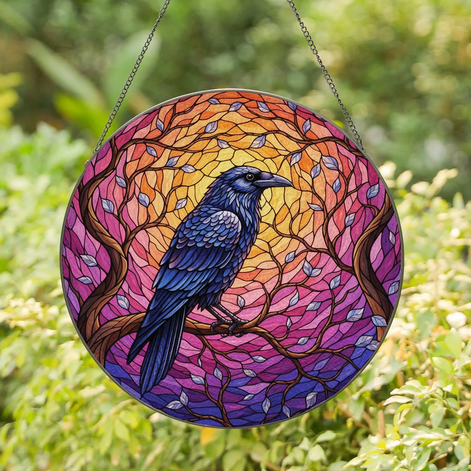 Raven Gnarled Branch Tree Leaves Jewel Tones Sunset Sky - Wildlife Lover Decor Gift Stained Glass Suncatcher - 1
