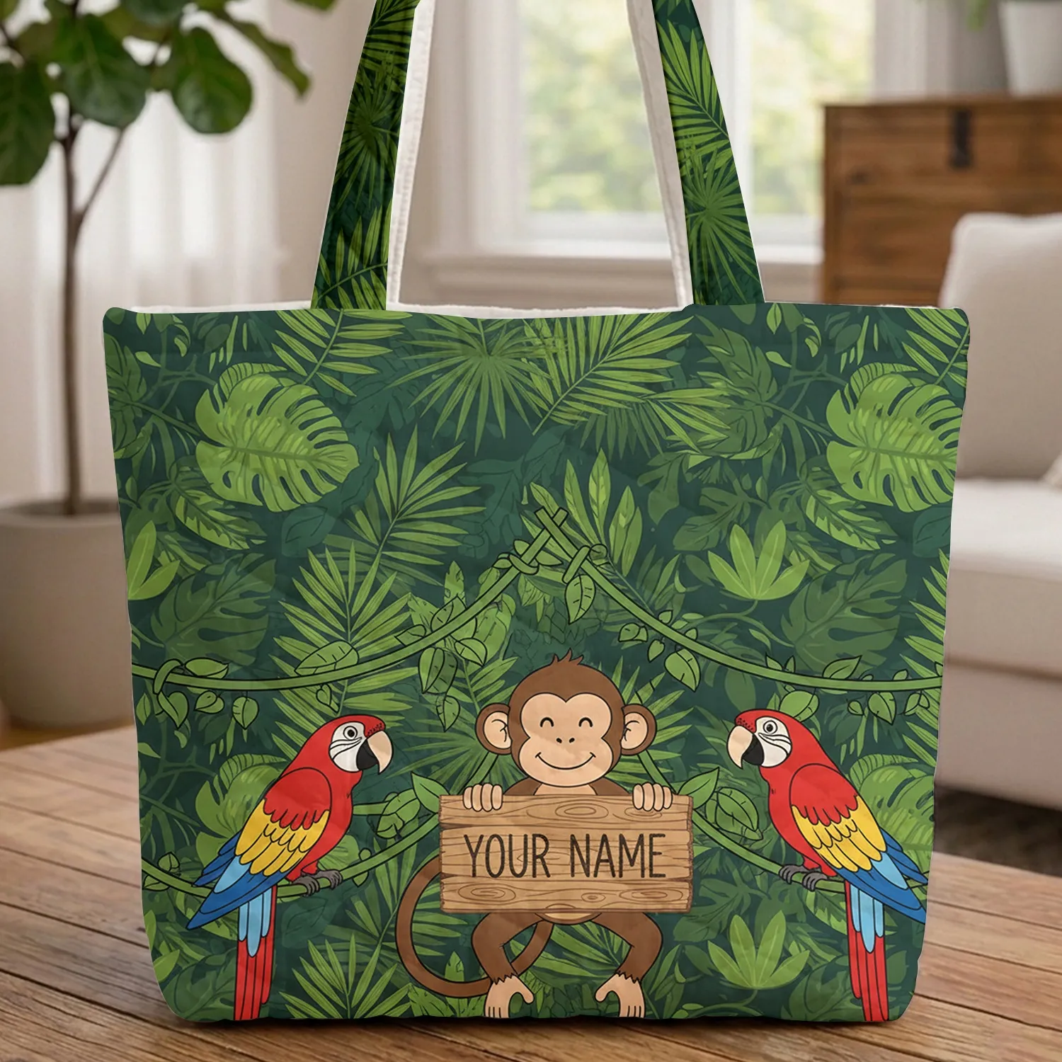 Playful Monkey Macaw Jungle Personalized - Tropical Wildlife Everyday Gift Quilted Tote Bag - 1