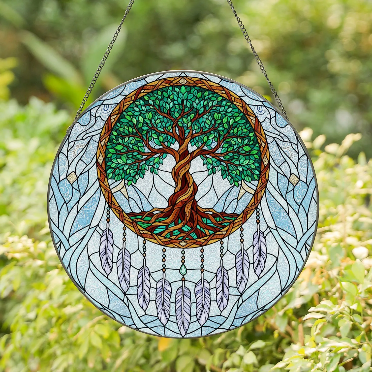 Stained Glass Tree of Life Feather Mosaic - Nature Lover Home Decor Gift Stained Glass Suncatcher - 1