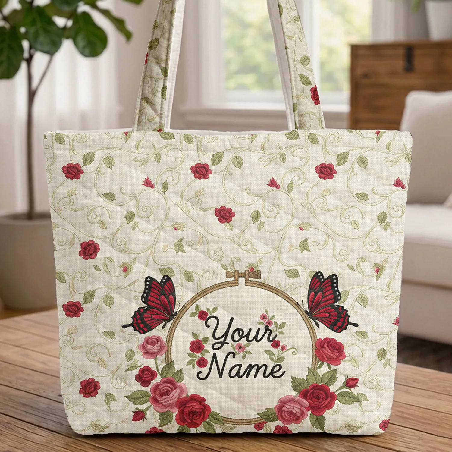 Ornate Butterflies Roses Vines Circular Frame Everyday Carry Gift Quilted Tote Bag - 1