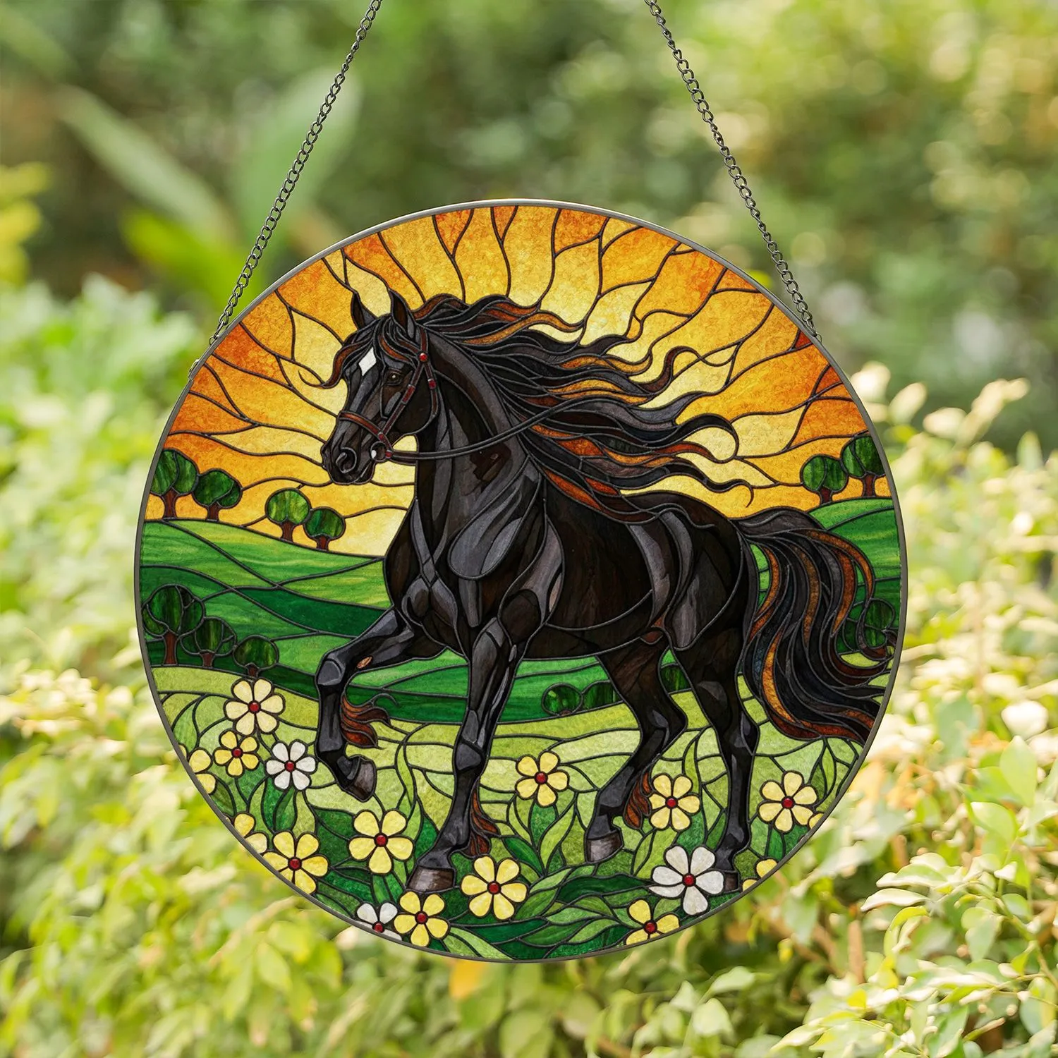 Friesian Horse Wildflower Sunset - Home Decor Gift for Horse Lover Stained Glass Suncatcher - 1
