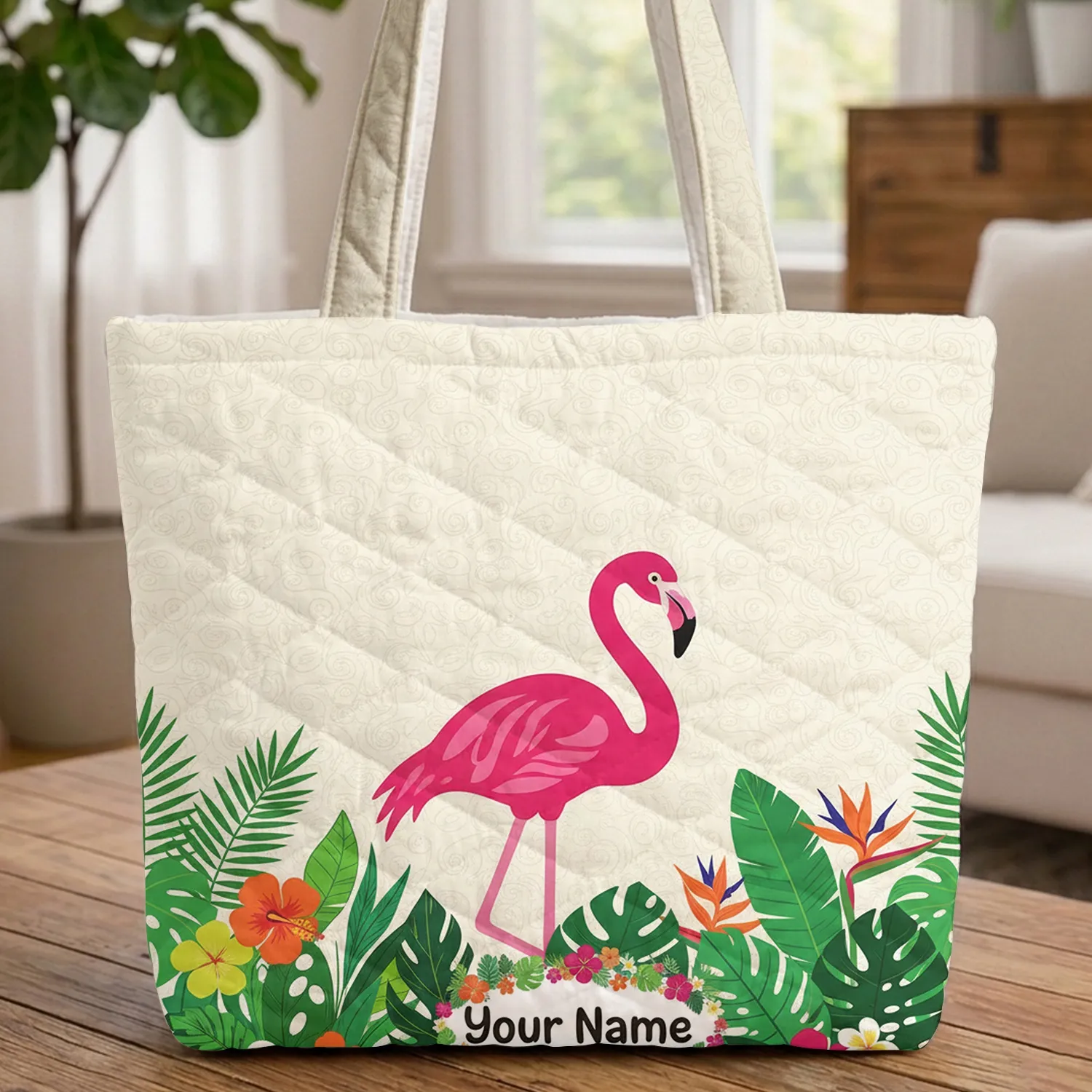 Pink Flamingo Tropical Floral Wreath - Everyday Carry Gift for Her Quilted Tote Bag - 1