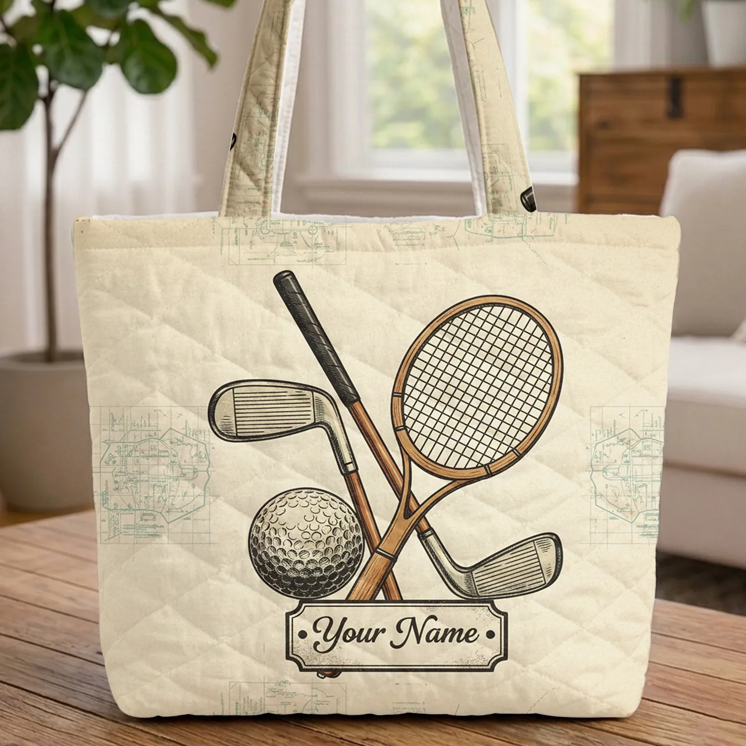 Golf Tennis Racket Clubs Plaque Personalized - Everyday Carry Gift for Sports Lover Quilted Tote Bag - 1