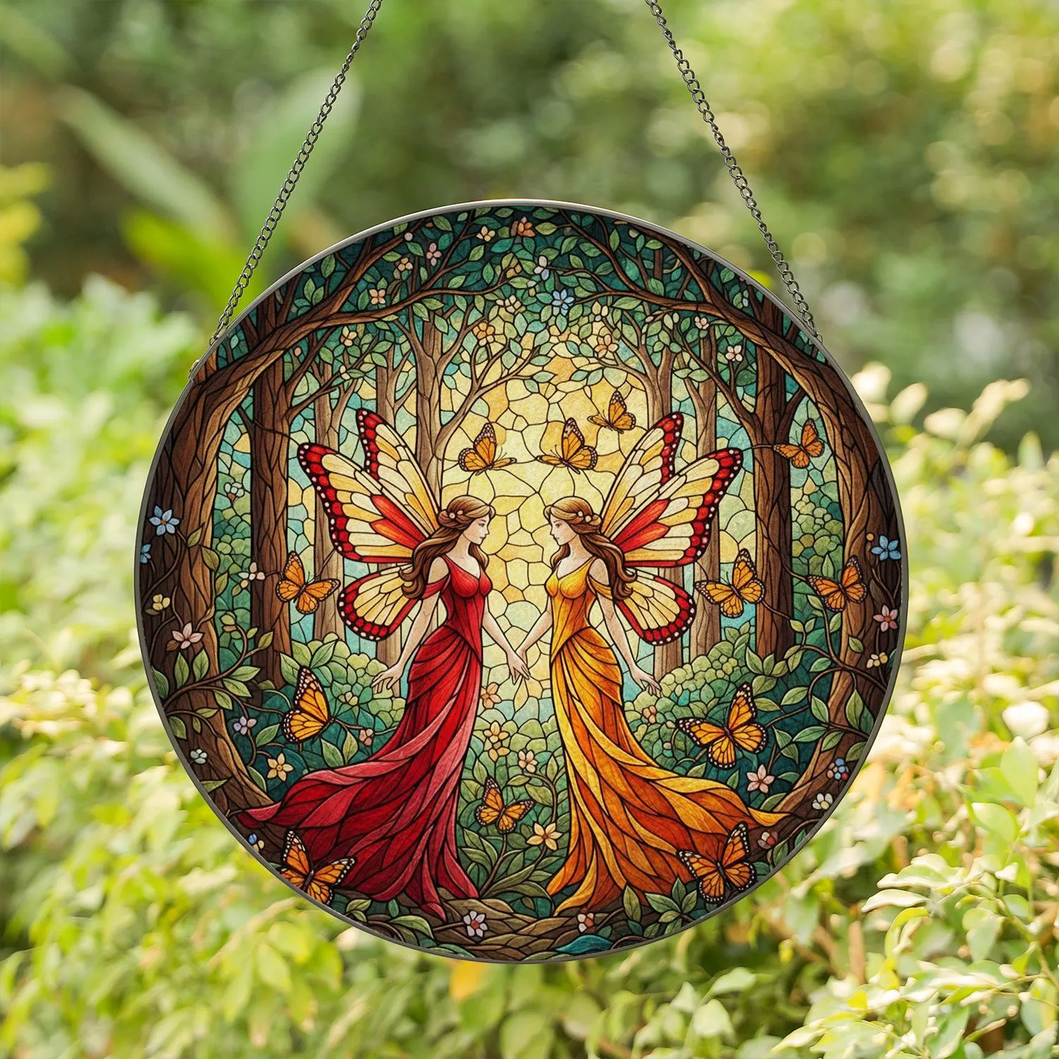Two Fairies Holding Hands Monarch Butterflies Enchanted Forest - Fantasy Home Decor Gift Stained Glass Suncatcher - 1
