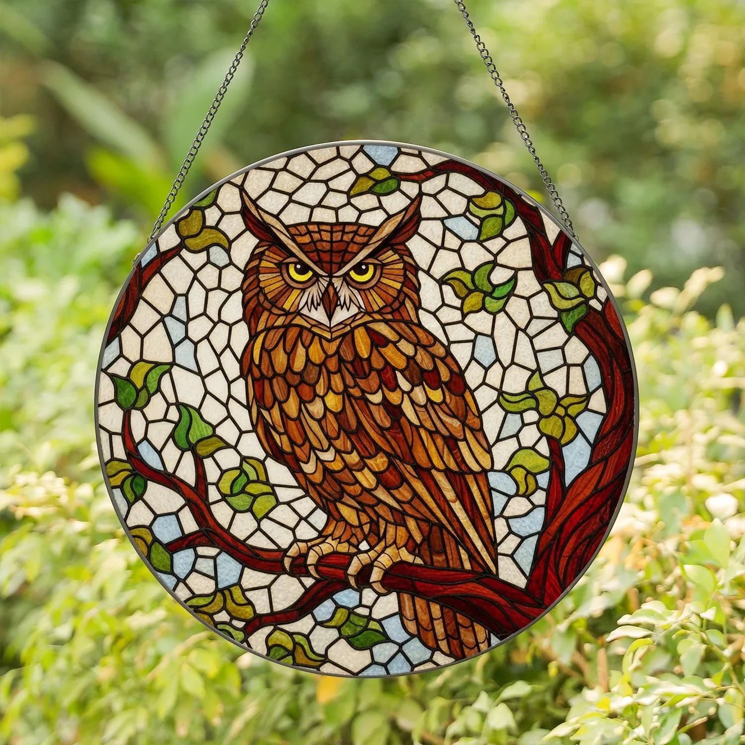 Majestic Wise Owl Tiffany Glass Geometric Mosaic Home Decor Gift for Owl Lover Stained Glass Suncatcher - 1