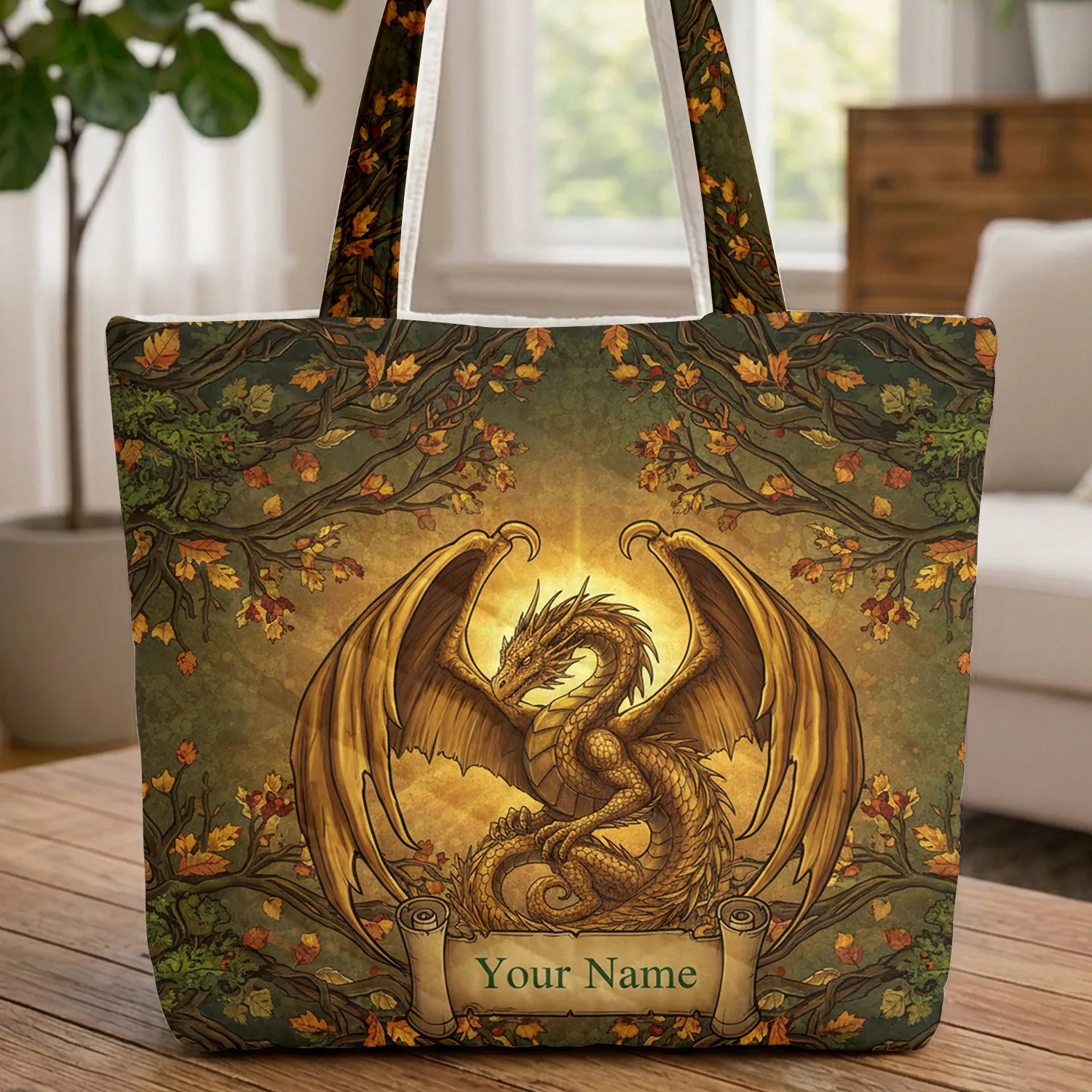 Dragon Golden Wings Forest Leaves Name Scroll - Fantasy Adventure Gift Quilted Tote Bag - 1