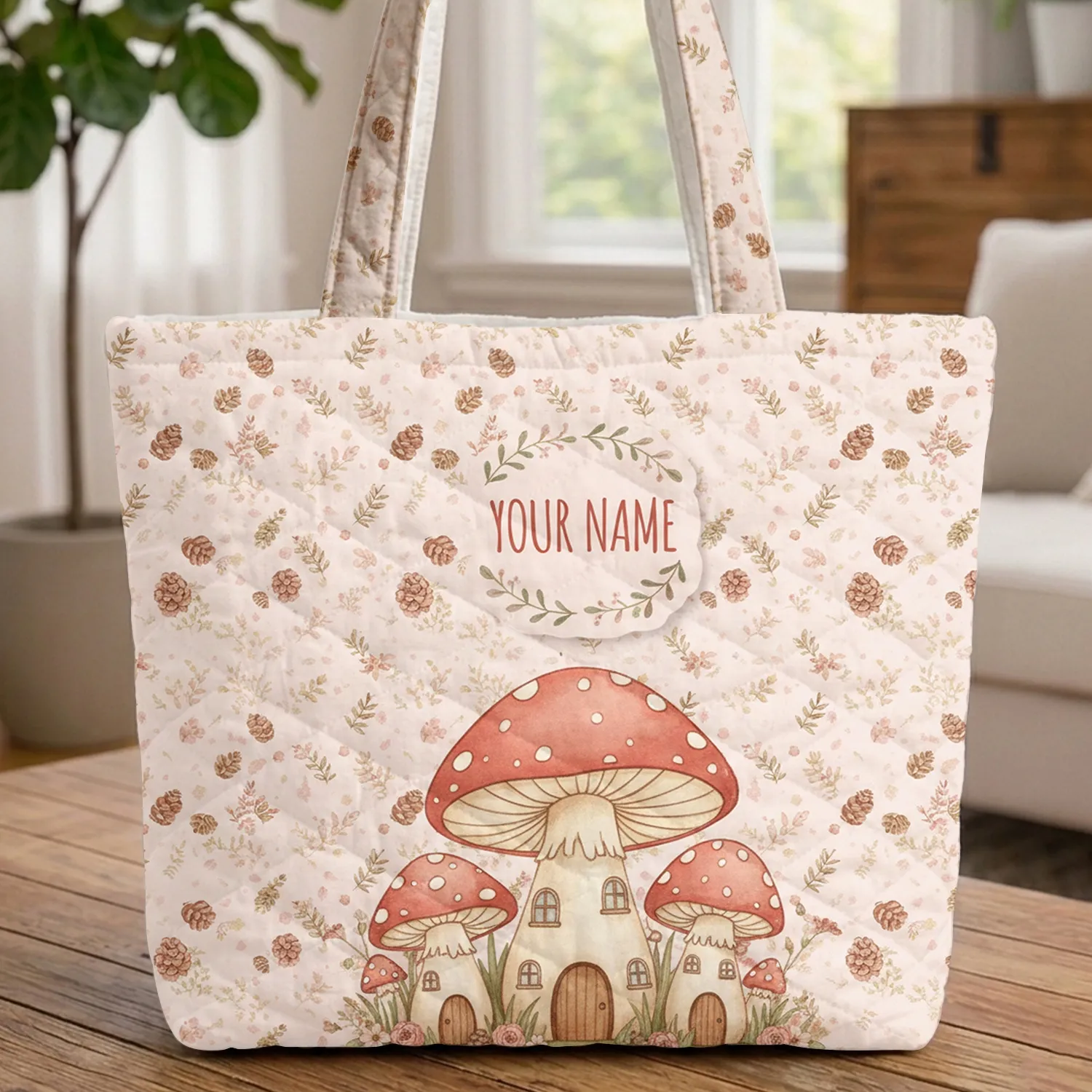 Storybook Mushroom Houses Pinecone Fern Floral Personalized Everyday Carry Gift Quilted Tote Bag - 1