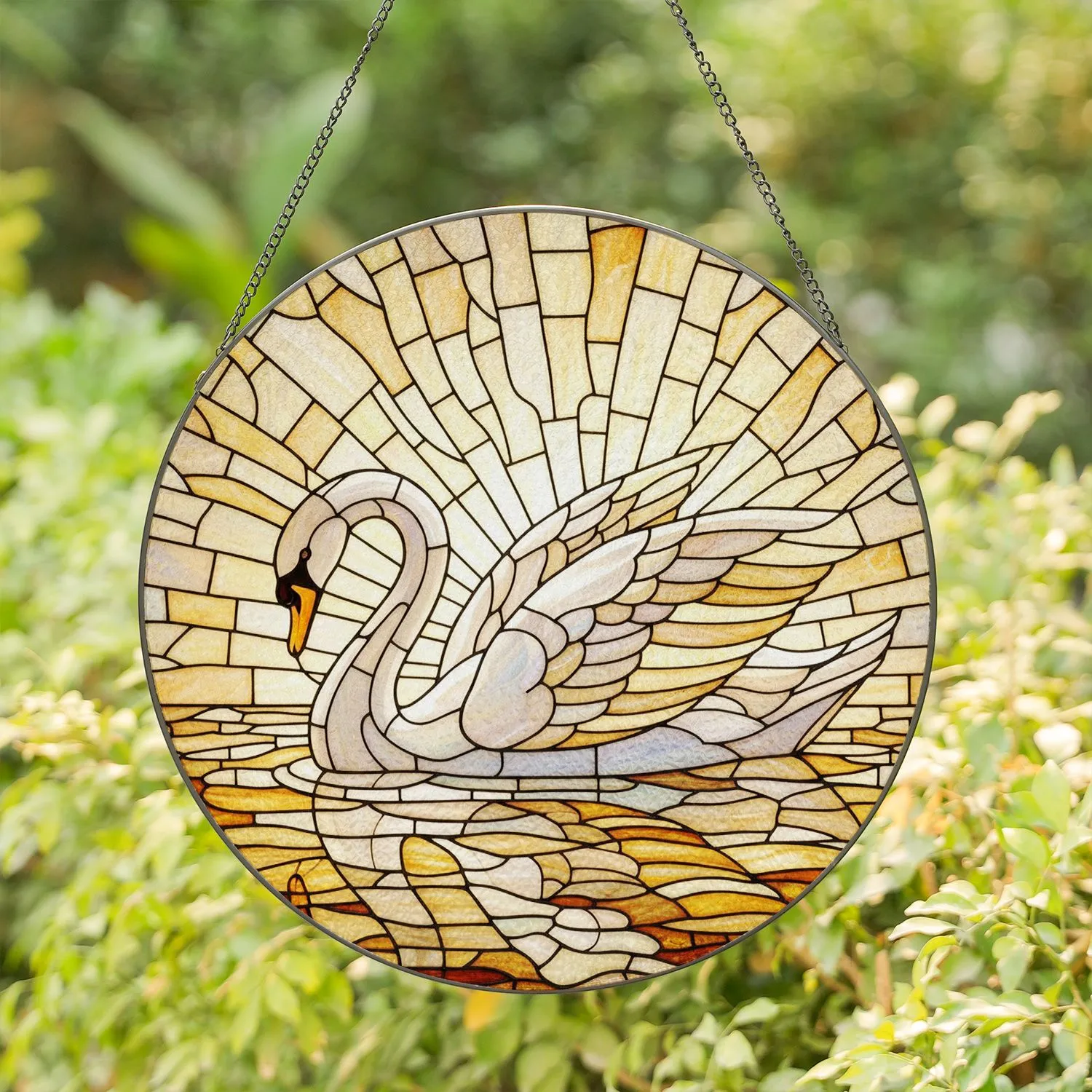 White Swan Curved Neck Large Layered Wings Orange Beak Floating Water Home Decor Gift Stained Glass Suncatcher - 1