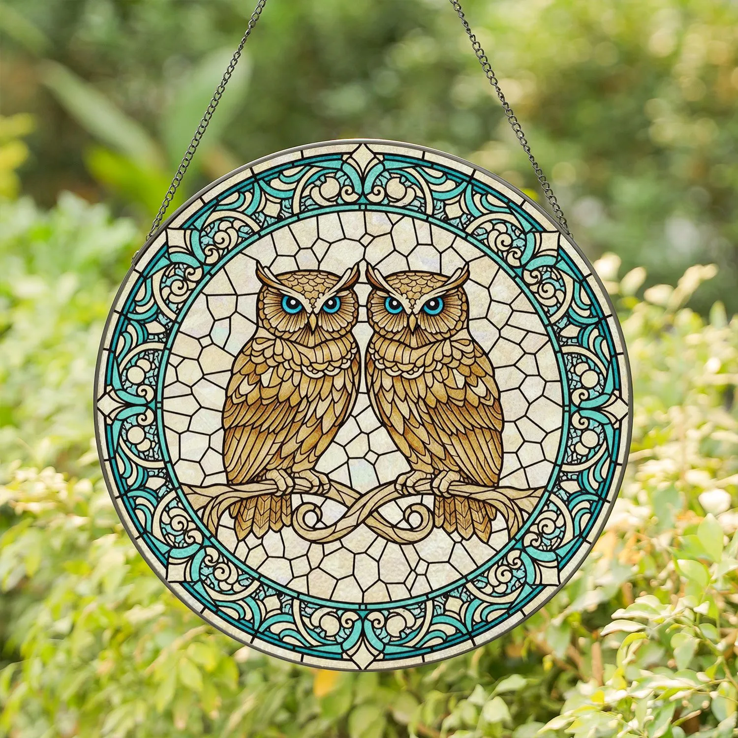 Two Owls Tiffany Style Scrollwork Mosaic - Home Decor Gift for Owl Lover Stained Glass Suncatcher - 1