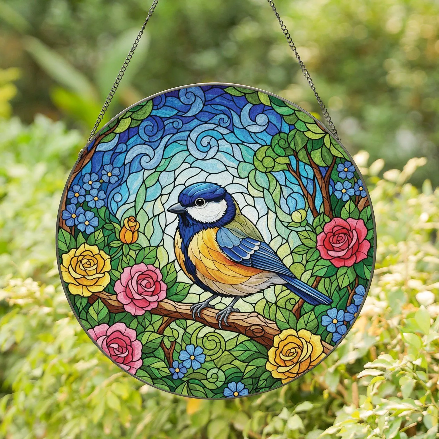 Tiffany Glass Great Tit Bird Floral - Wildlife Nature Home Decor Gift Stained Glass Suncatcher - 1
