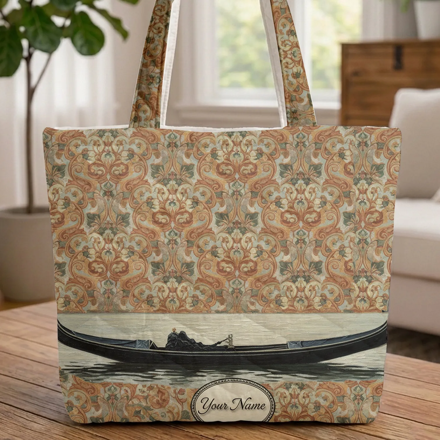 Venetian Gondola Italian Botanical Scroll - Travel Essentials Gift Quilted Tote Bag - 1