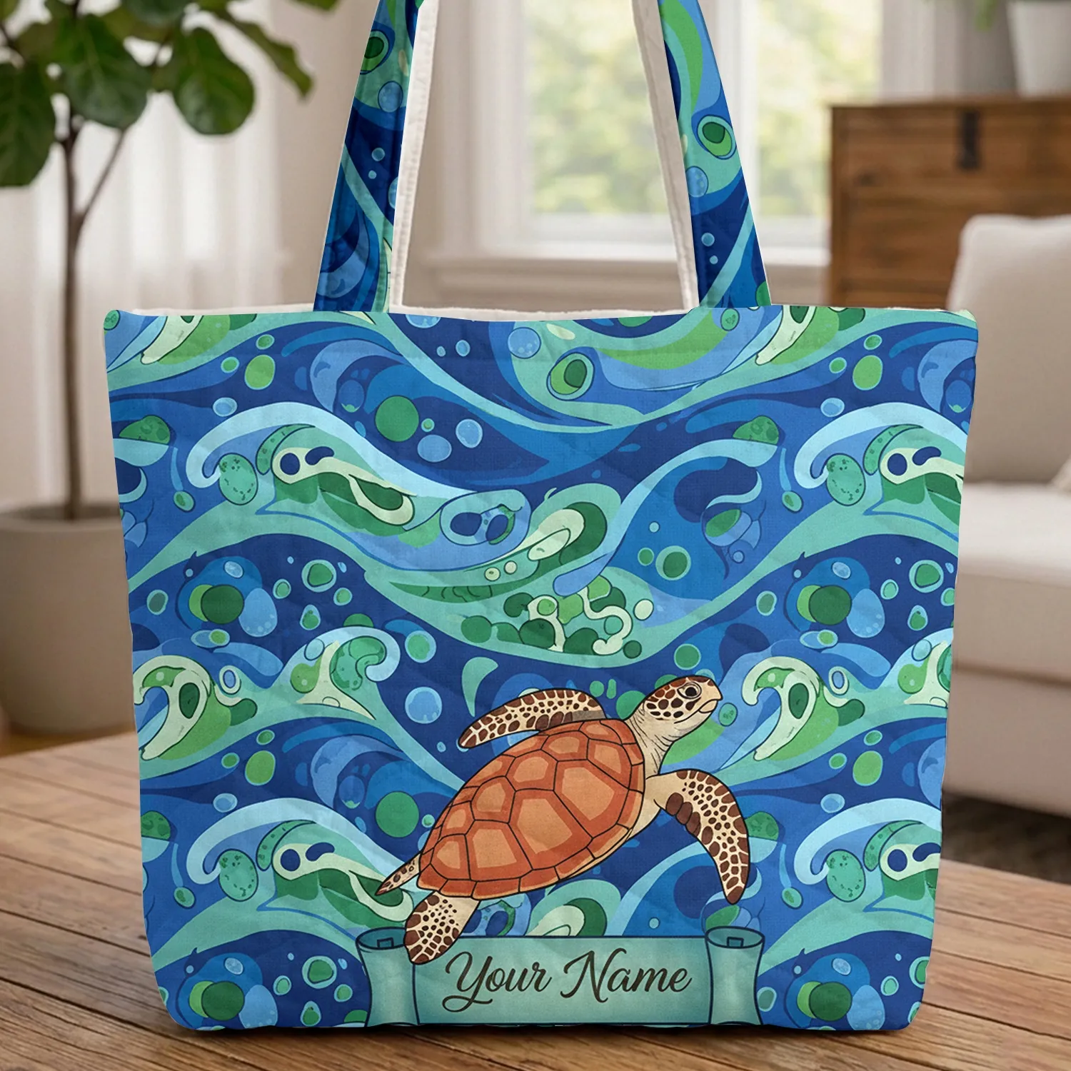 Flowing Ocean Waves Sea Turtle Mosaic Sea Glass Personalized - Travel Essentials Ocean Lover Gift Quilted Tote Bag - 1