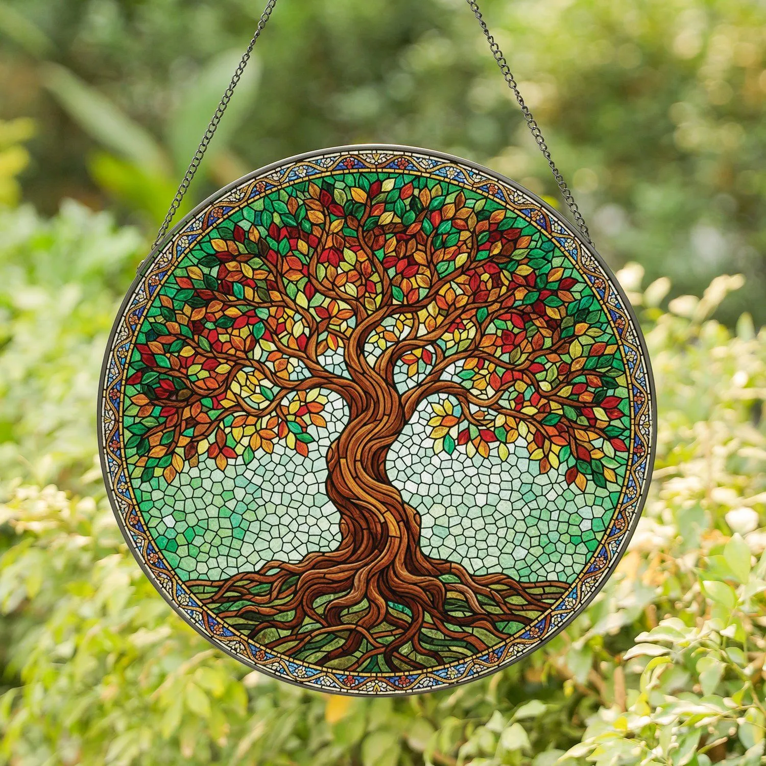 Gnarled Tree of Life Leaves Roots - Home Decor Gift Stained Glass Suncatcher - 1