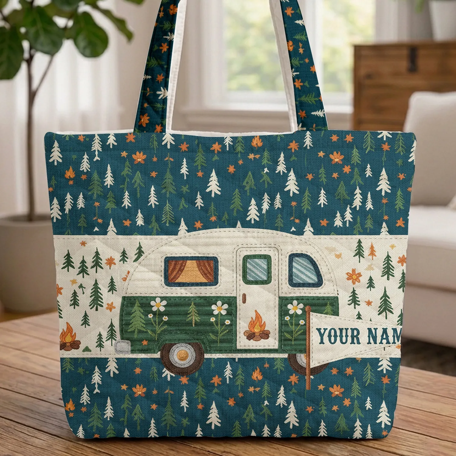 Vintage Camper Van Pine Trees Wildflowers Campfire Stars - Travel Essentials Everyday Carry Quilted Tote Bag - 1