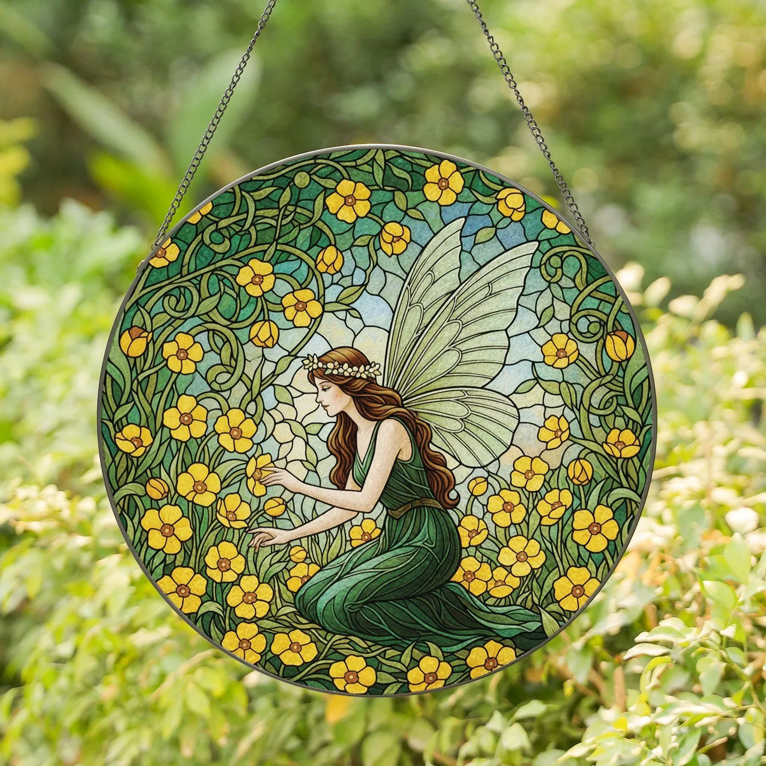 Graceful Kneeling Fairy Butterfly Wings Yellow Flowers - Fantasy Home Decor Gift Stained Glass Suncatcher - 1