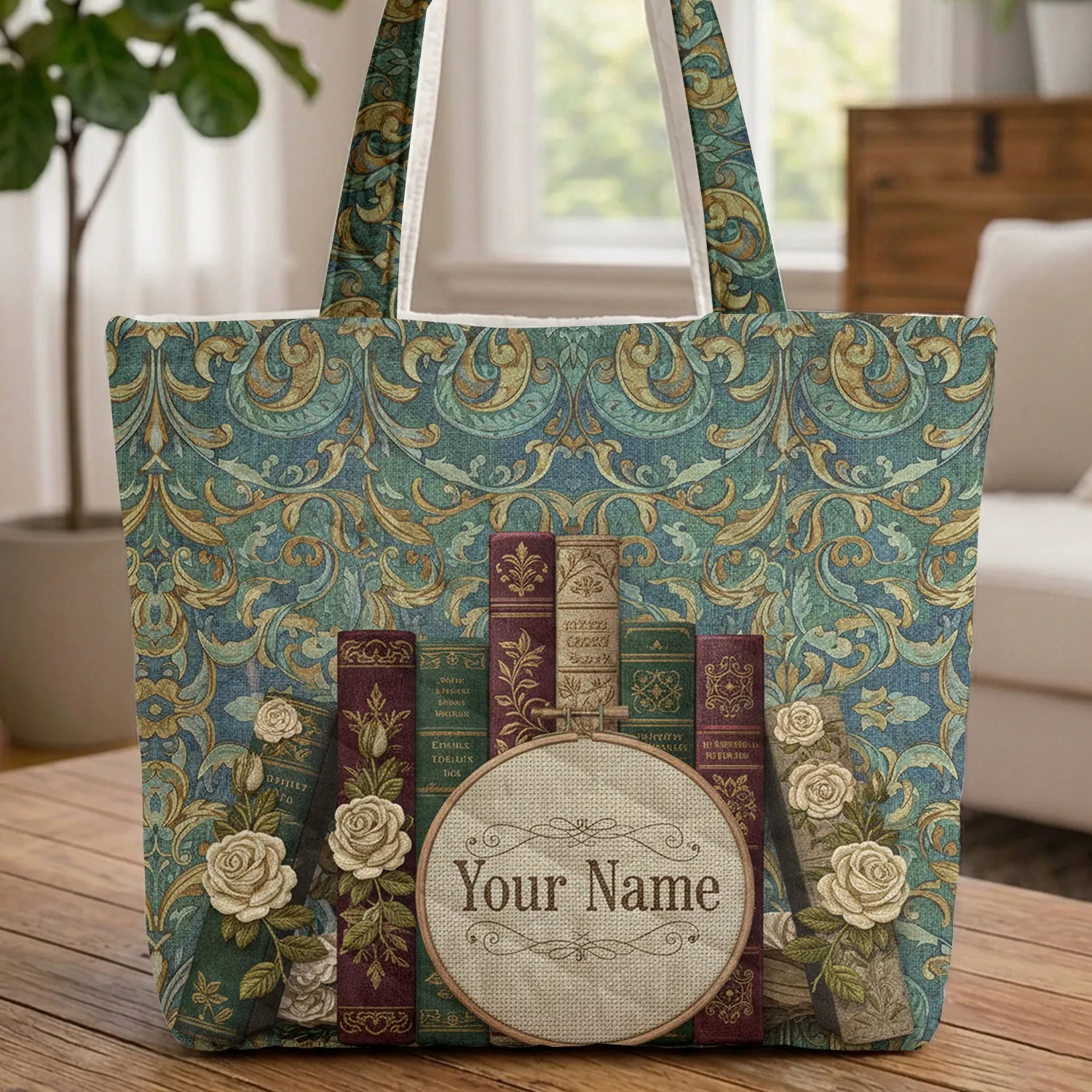 Book Spines Rose Scrollwork Hoop Frame Everyday Carry Gift for Reader Quilted Tote Bag - 1