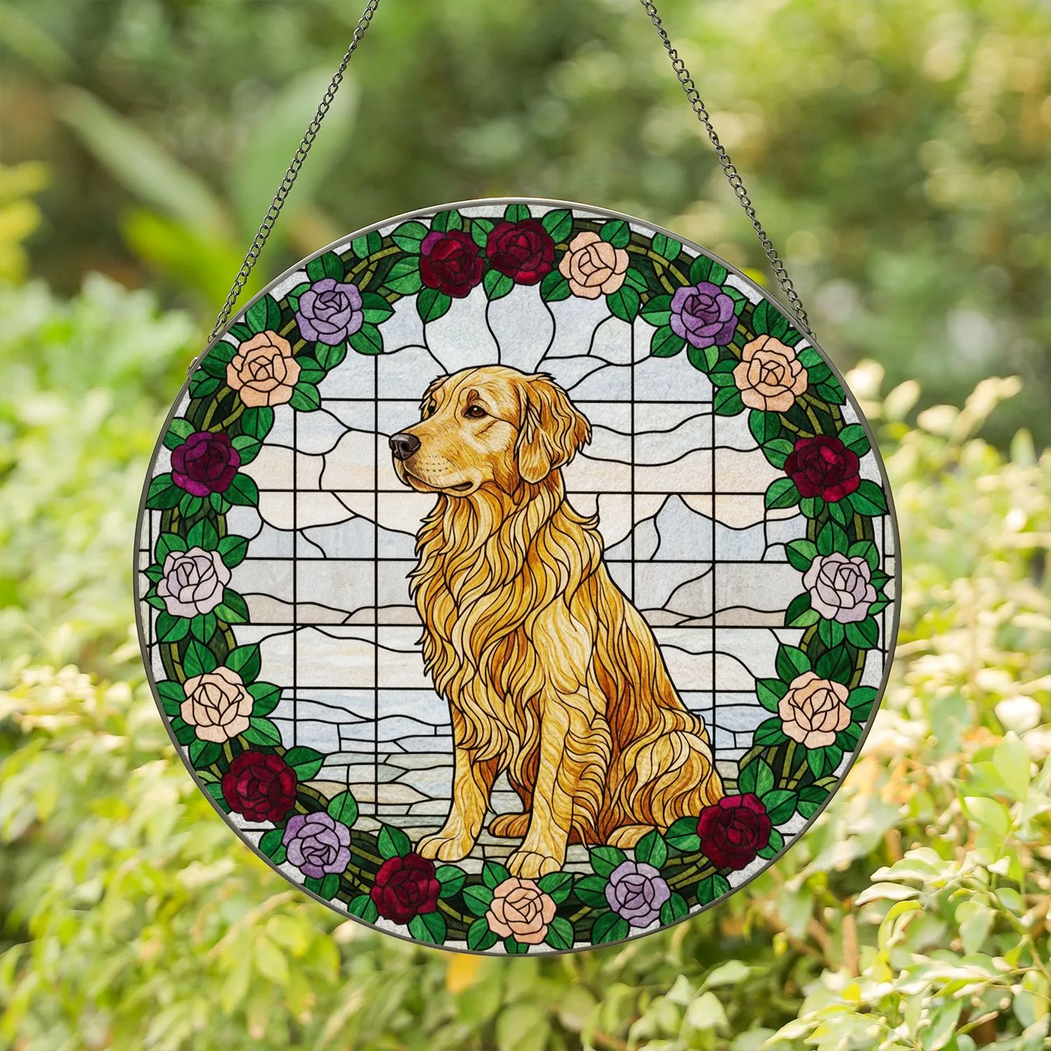 Golden Retriever Stained Glass Roses - Dog Lover Home Decor Gift Stained Glass Suncatcher - 1