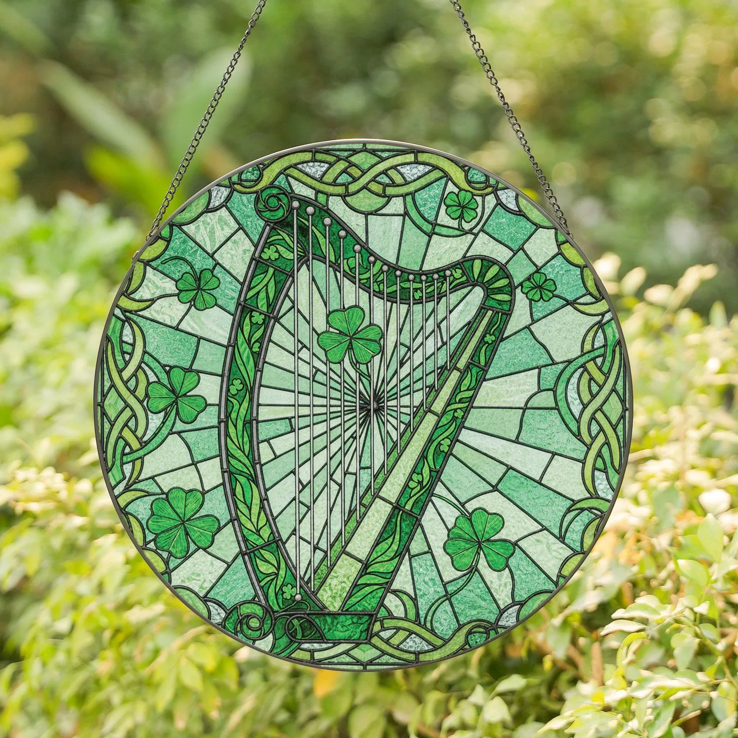 Ornate Celtic Harp Four Leaf Clover Celtic Knots - Celtic Home Decor Gift Stained Glass Suncatcher - 1