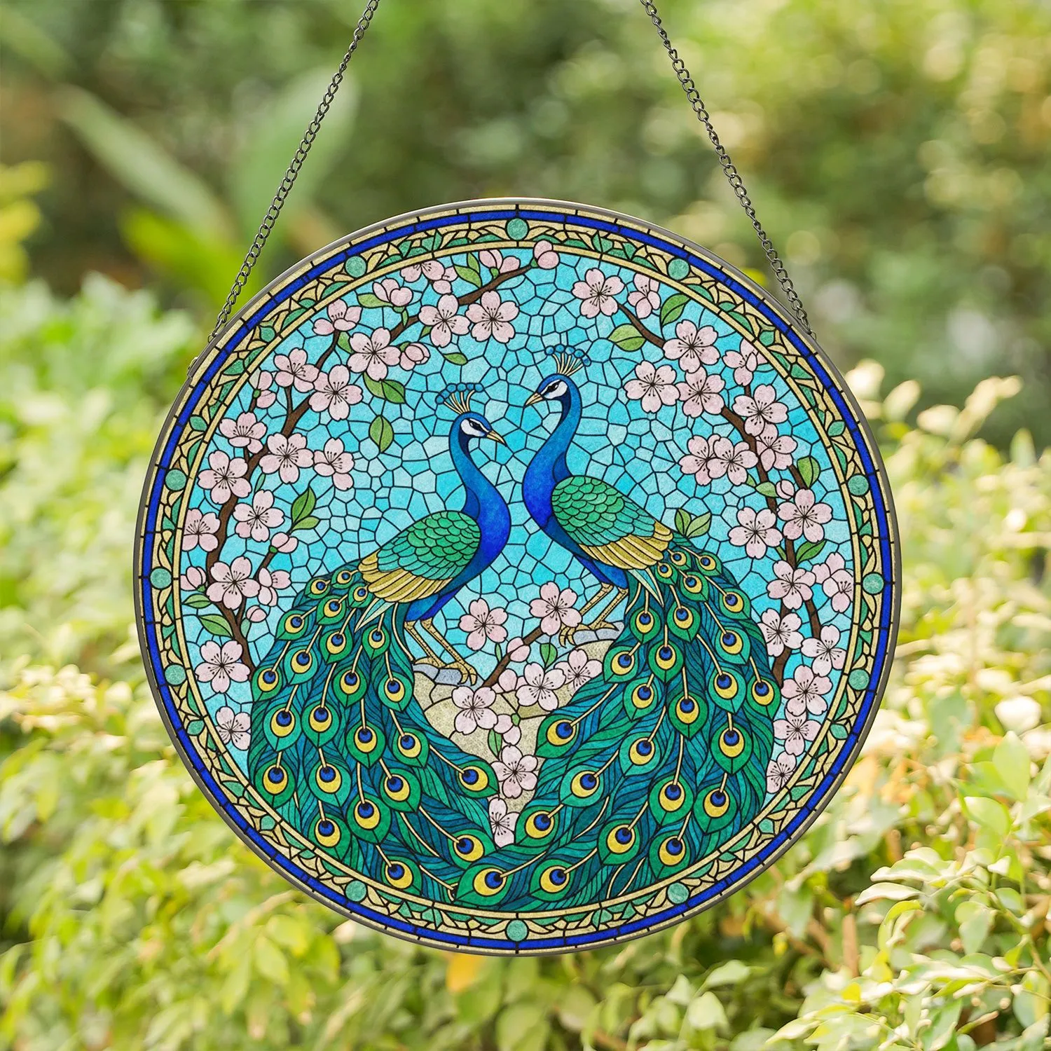 Peacocks Cherry Blossom Stained Glass Ornate Circular Border - Home Decor Gift for Bird Lovers Stained Glass Suncatcher - 1