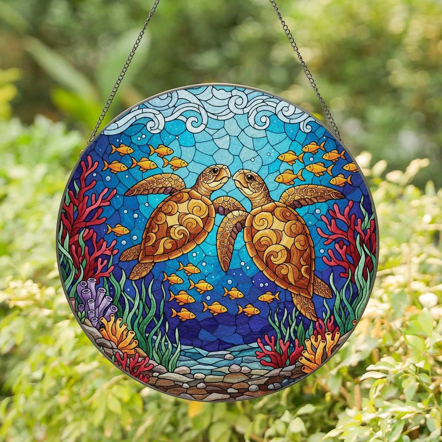 Sea Turtles Tropical Fish Underwater Seascape - Ocean Lover Home Decor Gift Stained Glass Suncatcher - 1