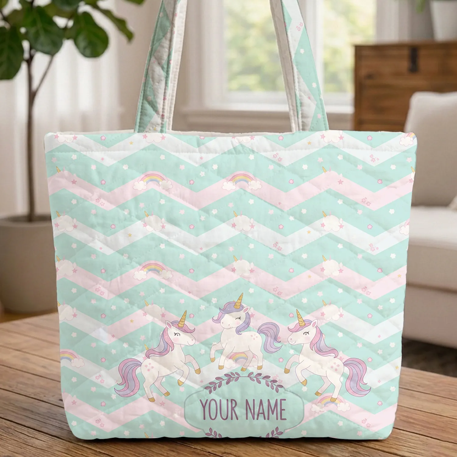 Golden Horn Unicorns Rainbow Stars Name Floral Wreath - Everyday Carry Travel Gift Quilted Tote Bag - 1