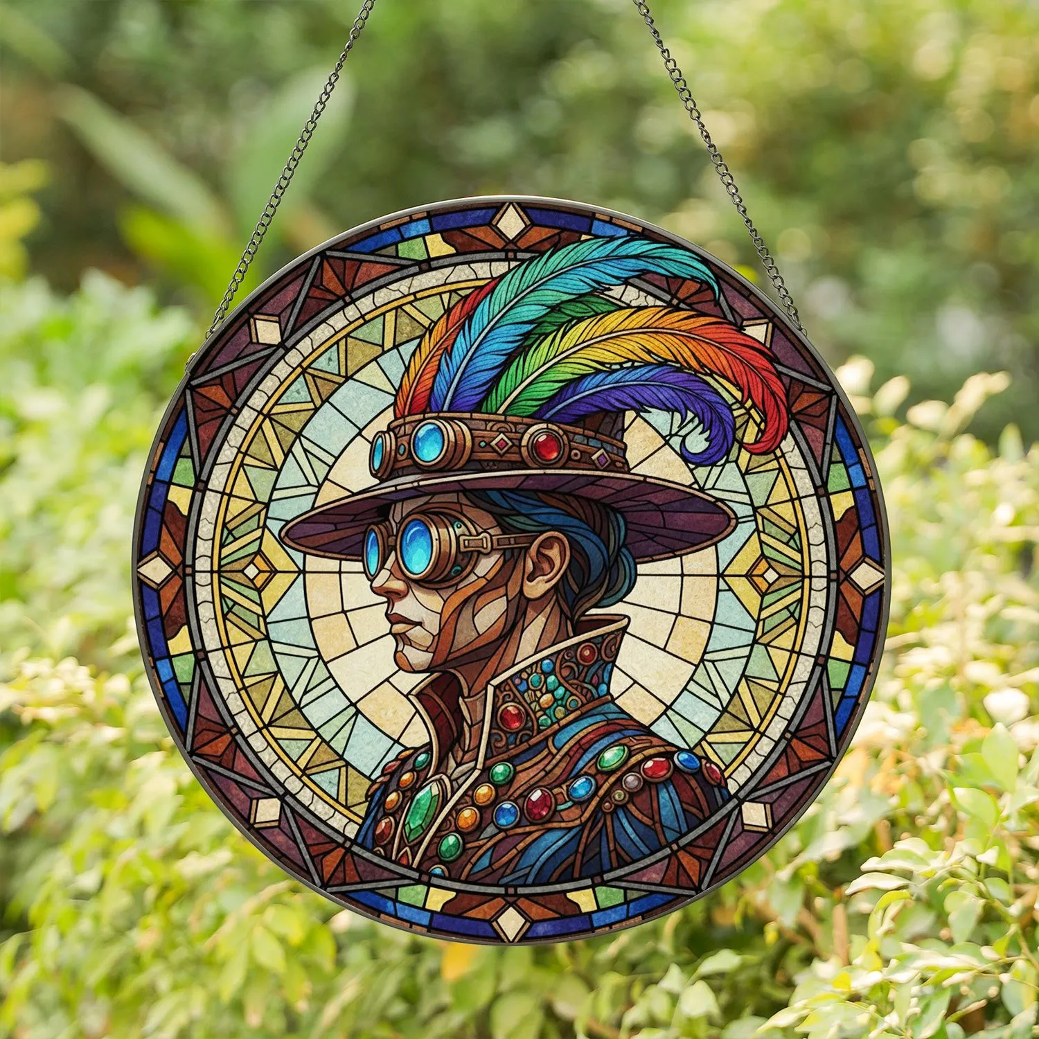 Steampunk Figure Rainbow Plume Hat Goggles Dark Circular Border - Home Decor Gift Stained Glass Suncatcher - 1