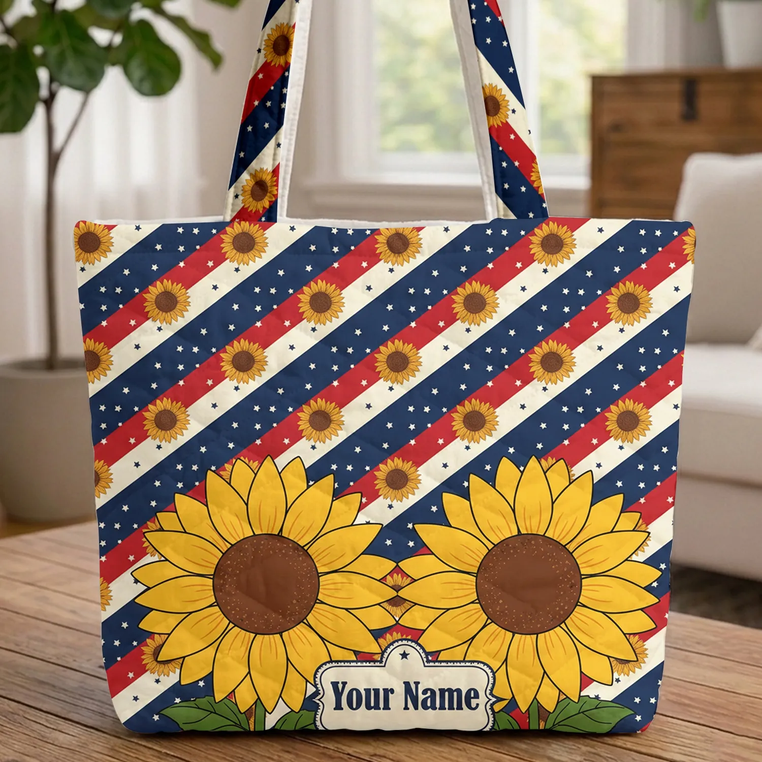 Star Cartouche Sunflowers Stripes Stars Western - Everyday Carry Gift Quilted Tote Bag - 1