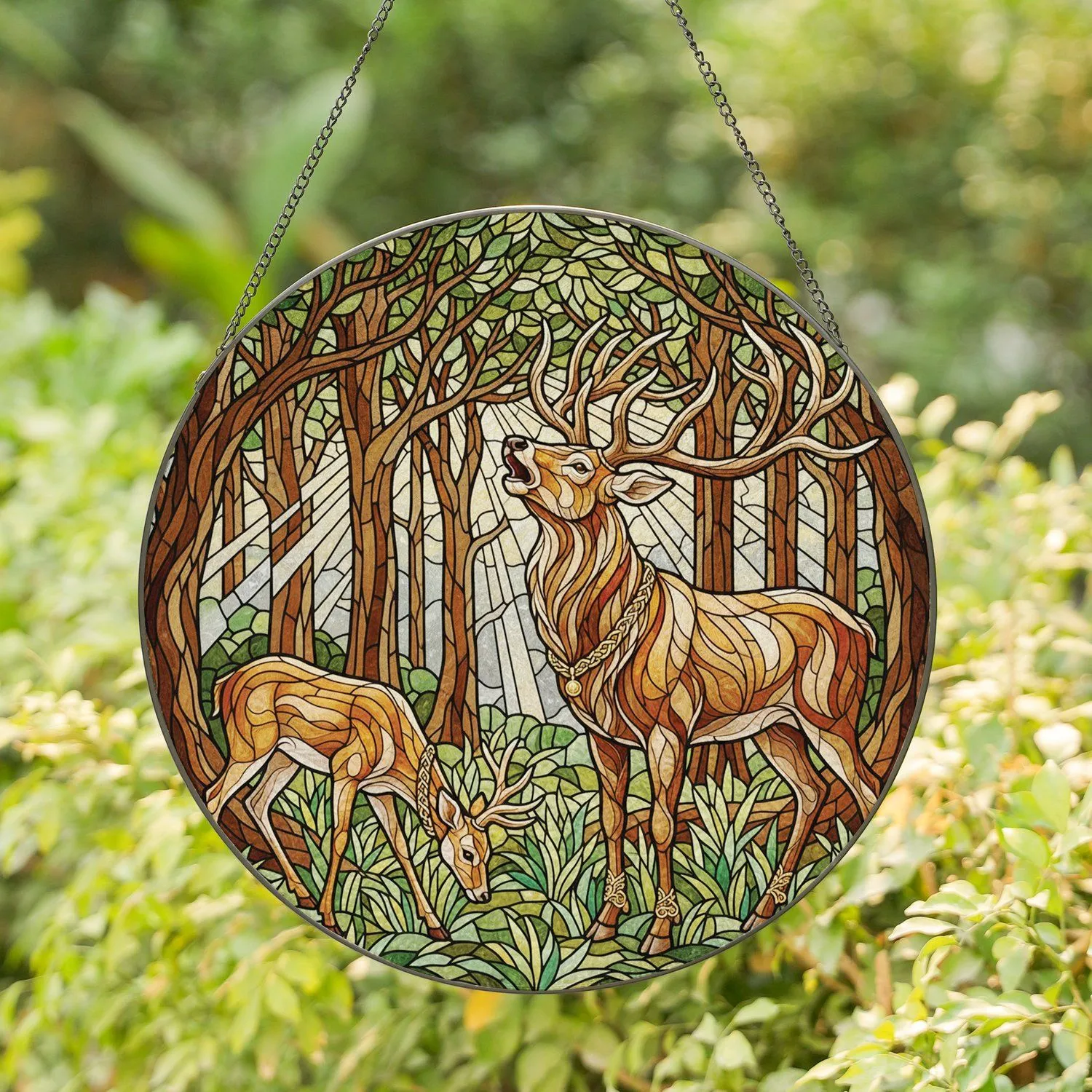 Stag Deer Braided Neck Ornaments Forest Woodland - Home Decor Gift for Wildlife Lovers Stained Glass Suncatcher - 1