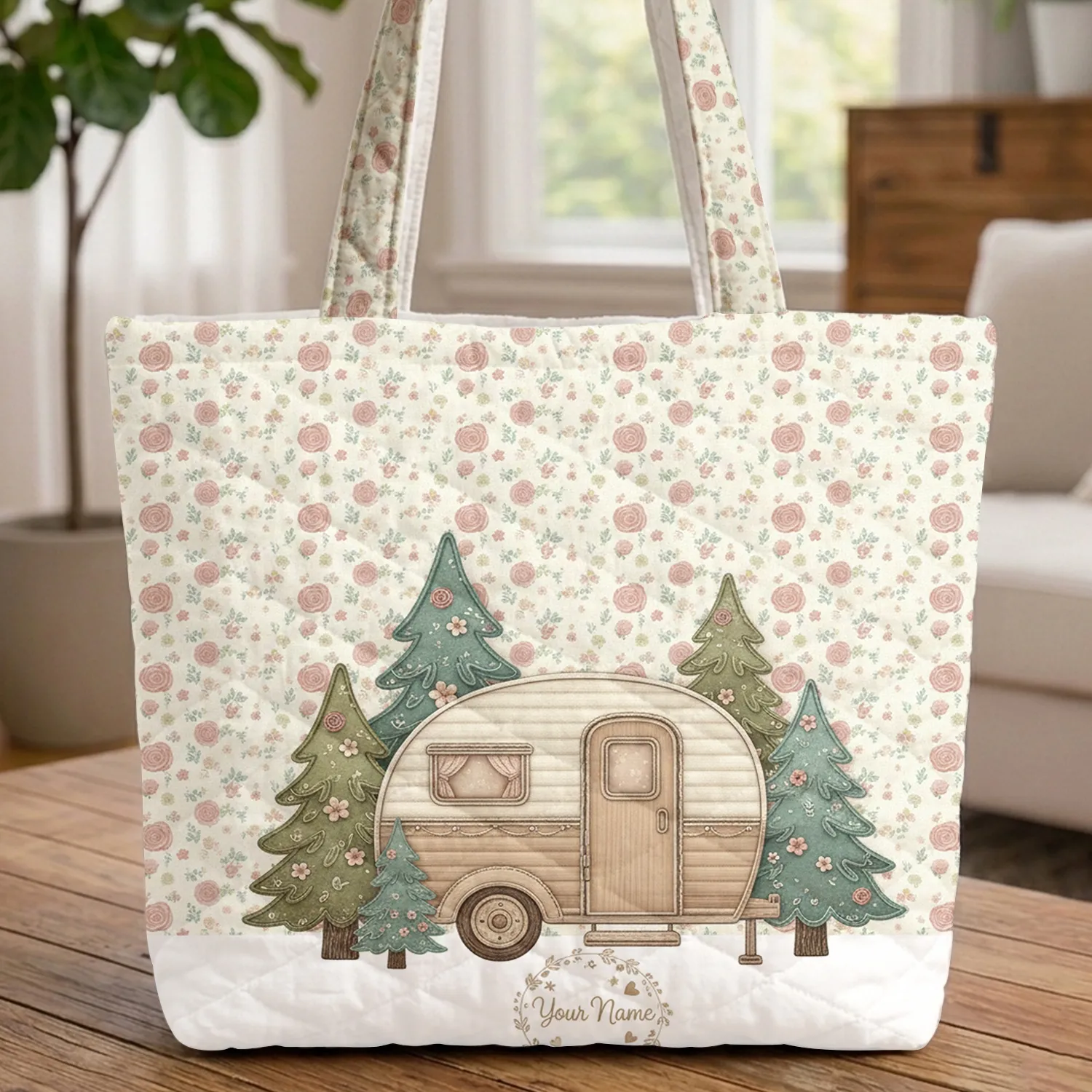 Vintage Camper Trailer Pine Trees Floral Wreath Personalized - Everyday Carry Gift Quilted Tote Bag - 1