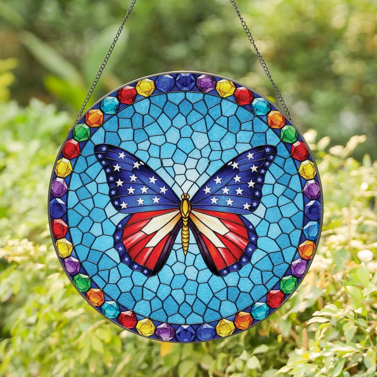 American Flag Butterfly Golden Body Rainbow Gem Border - Patriotic Home Decor Gift Stained Glass Suncatcher - 1