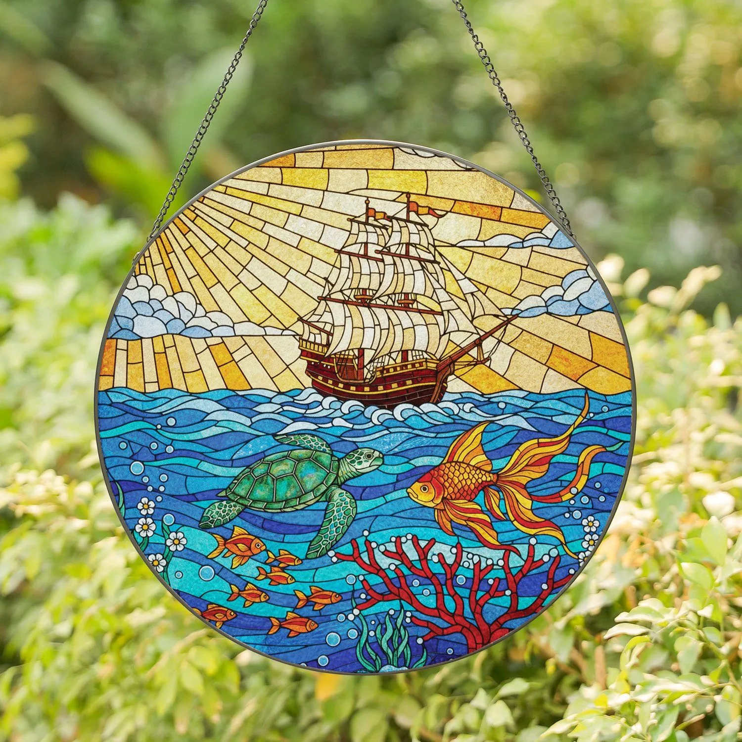 Galleon Sea Turtle Goldfish Coral Ocean Sky Rays - Home Decor Gift for Ocean Lovers Stained Glass Suncatcher - 1