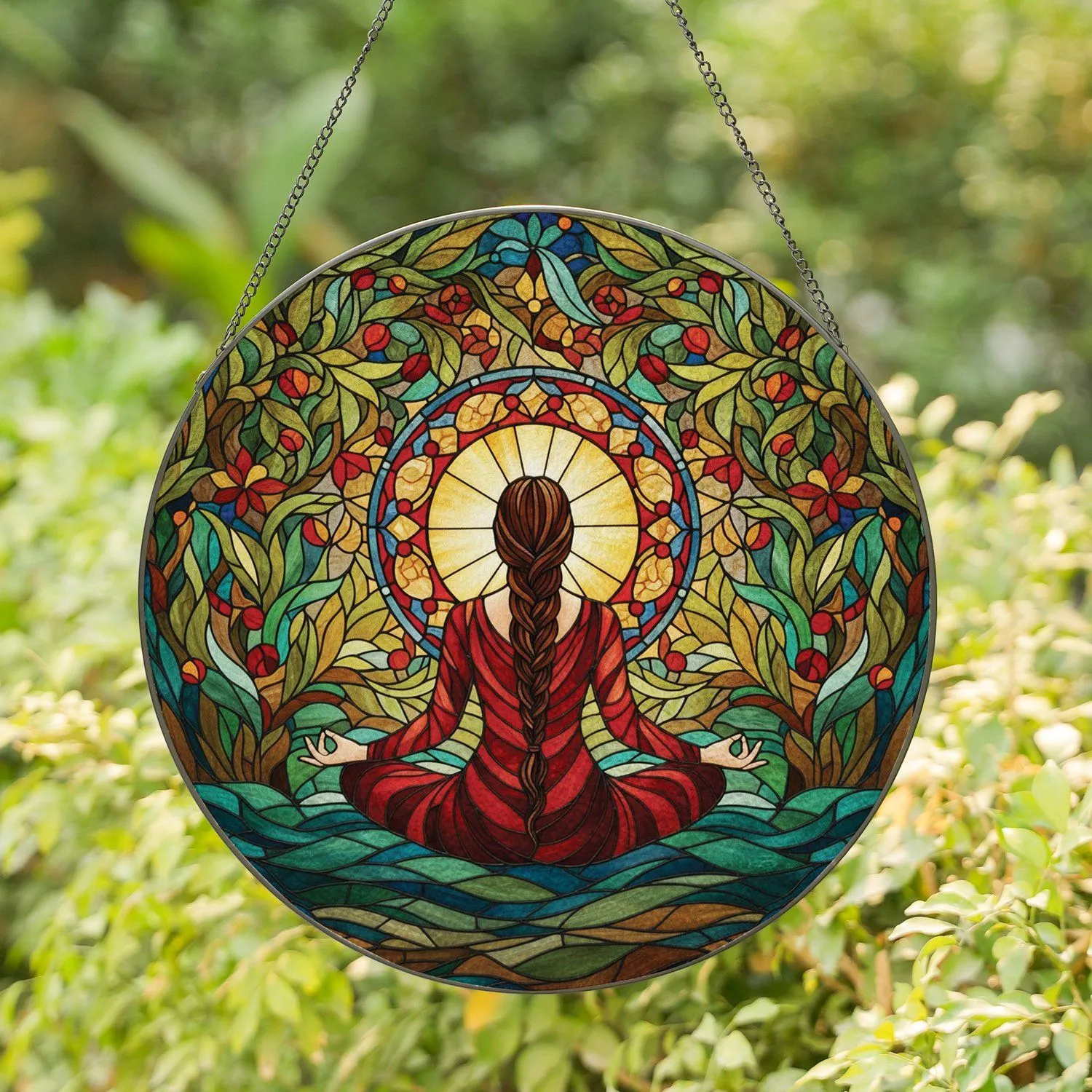 Woman Meditating Stained Glass Halo Mosaic - Home Decor Gift for Yoga Lover Stained Glass Suncatcher - 1