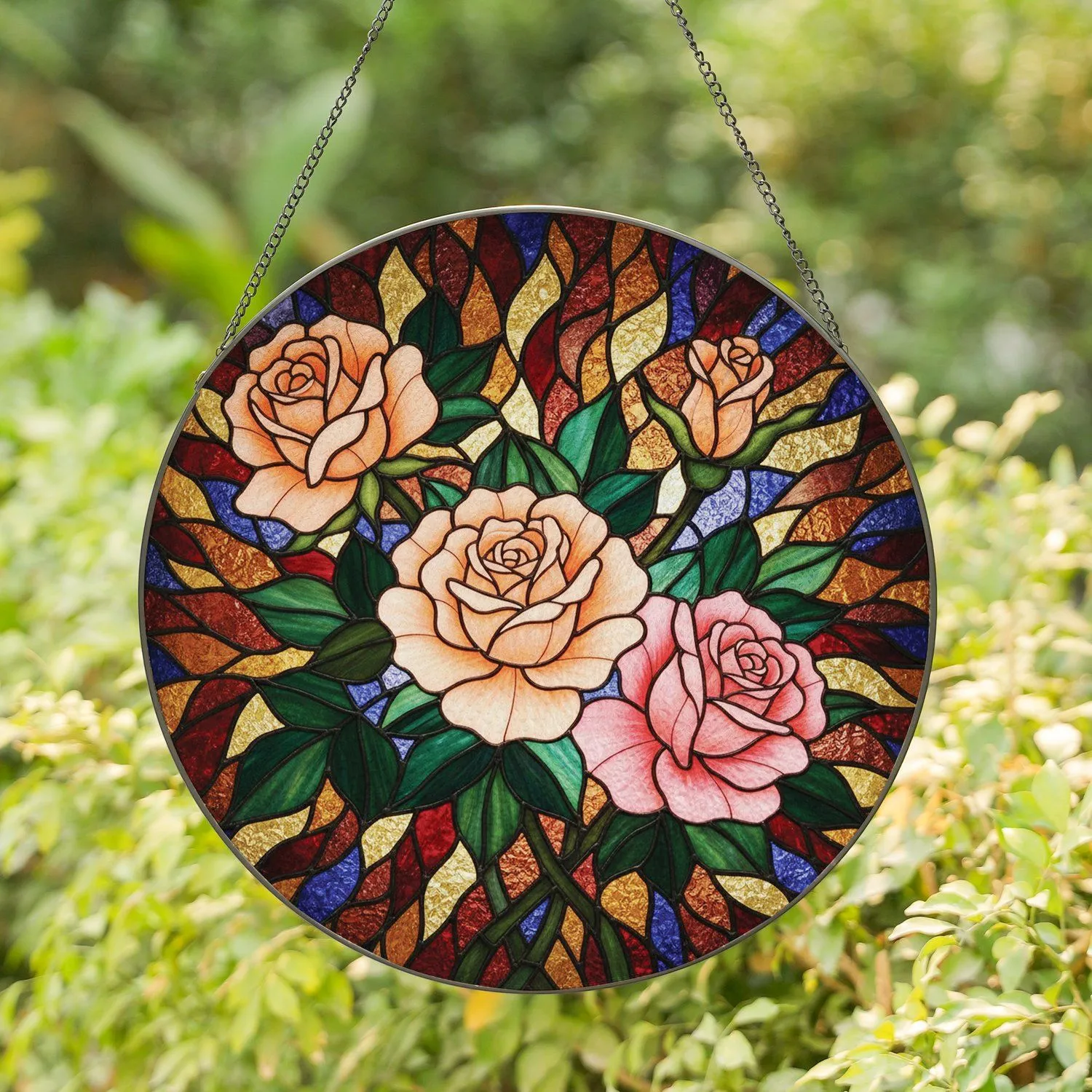 Tiffany Glass Roses Rosebuds Leaves Intricate Mosaic Geometric Shapes - Home Decor Gift Stained Glass Suncatcher - 1