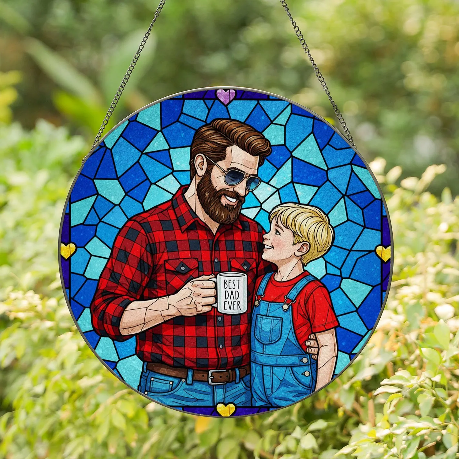 Dad Son Stained Glass Hearts Mosaic - Father's Day Gift for Dads Stained Glass Suncatcher - 1