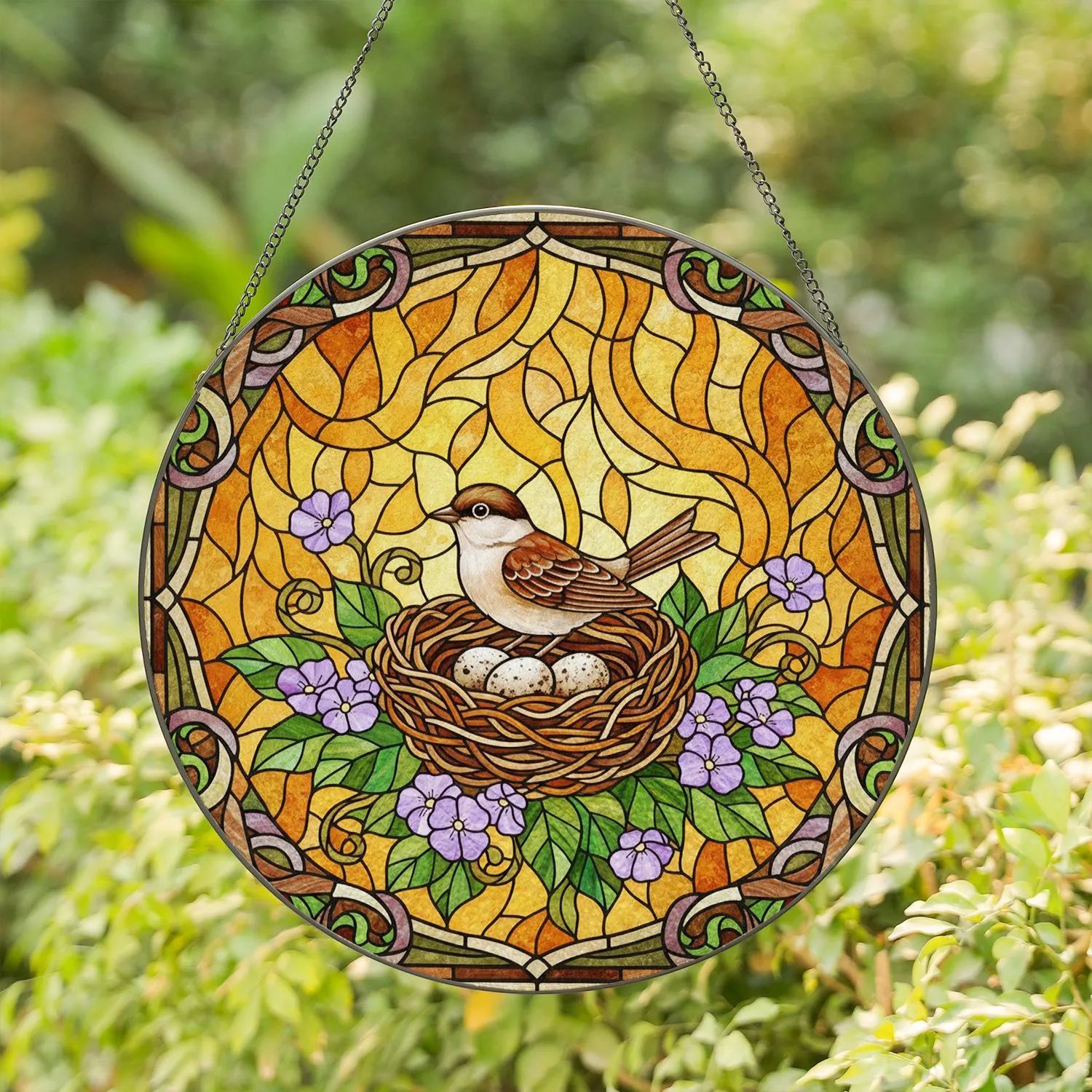 Brown Bird Nest Speckled Eggs Lavender Flowers - Home Decor Gift for Bird Lover Stained Glass Suncatcher - 1