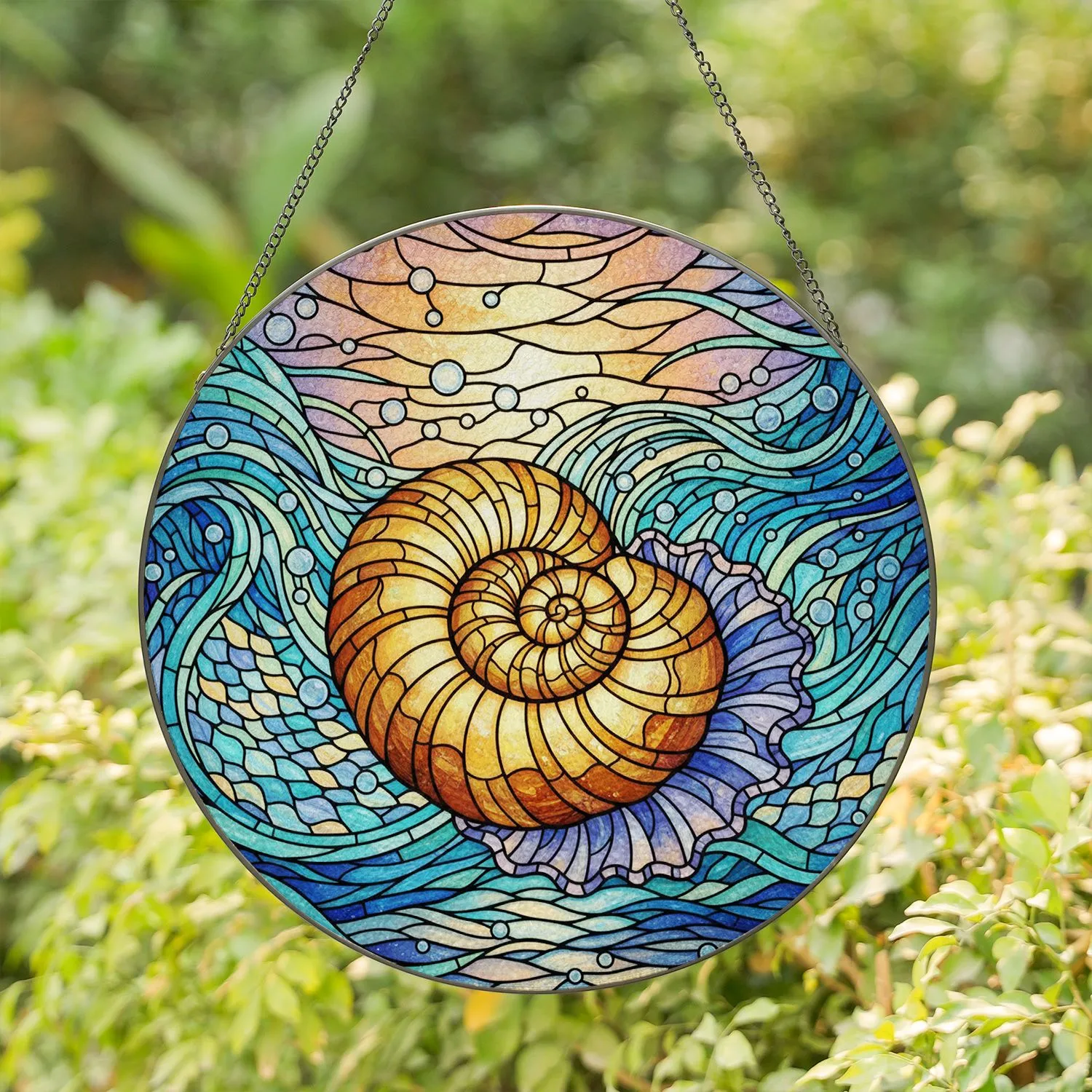 Conch Shell Nautilus Ocean Water Twilight Sky Tiffany Look - Ocean Lover Home Decor Gift Stained Glass Suncatcher - 1